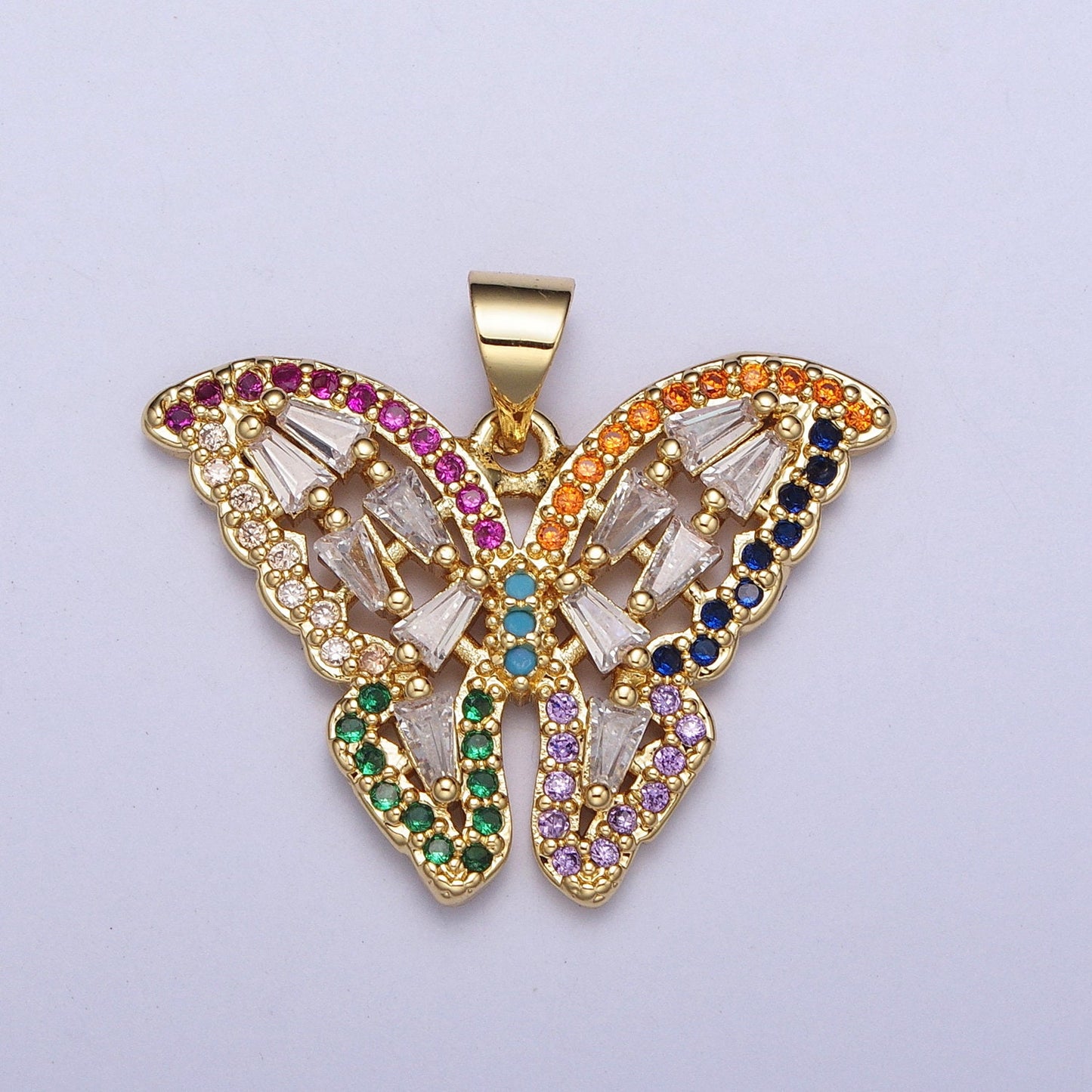 Colorful Cubic Butterfly Charm Micro Pave Gold Mariposa Pendant Baguette Monarch Pendant Necklace, For DIY Jewelry H-351