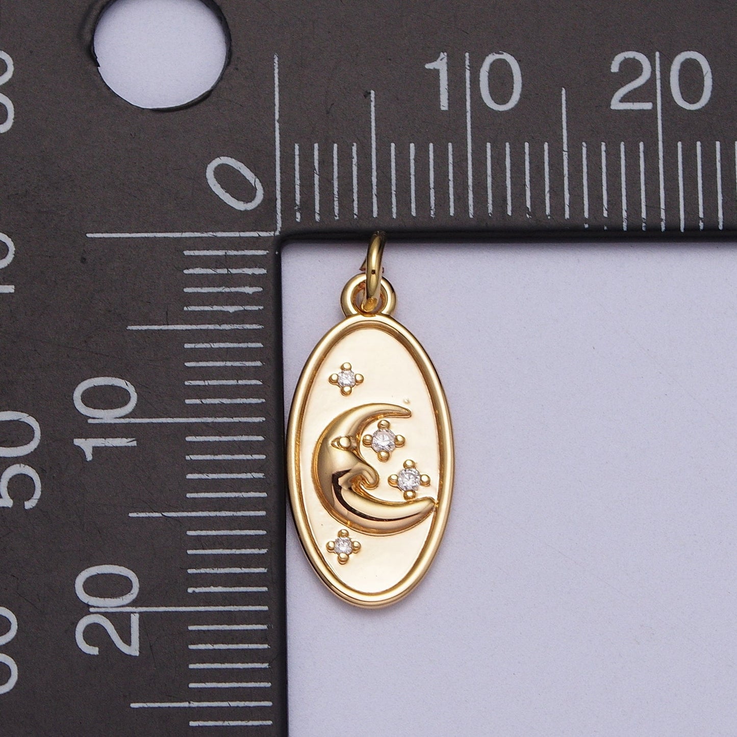 Dainty Gold Starry Night OVal Charm Micro Pave Cubic Zirconia Star Charm, Moon and Stars Charm Celestial Jewelry Supply E430