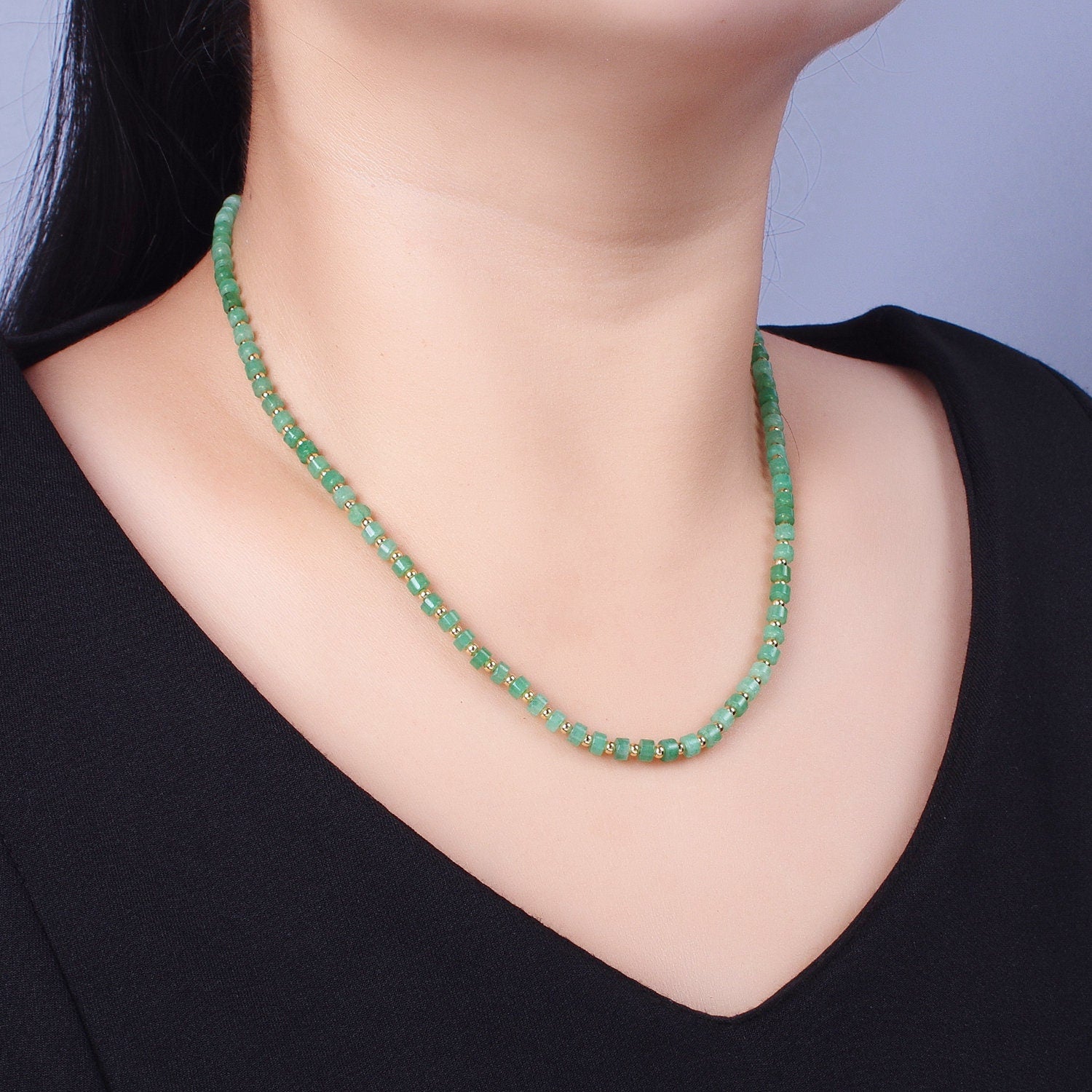 Gold Filled Green Aventurine Rondelle Heishi Gemstone Gold Spacer Beads 15.5 Inch Choker Necklace For Christmas Gift Idea Minimalist Jewelry