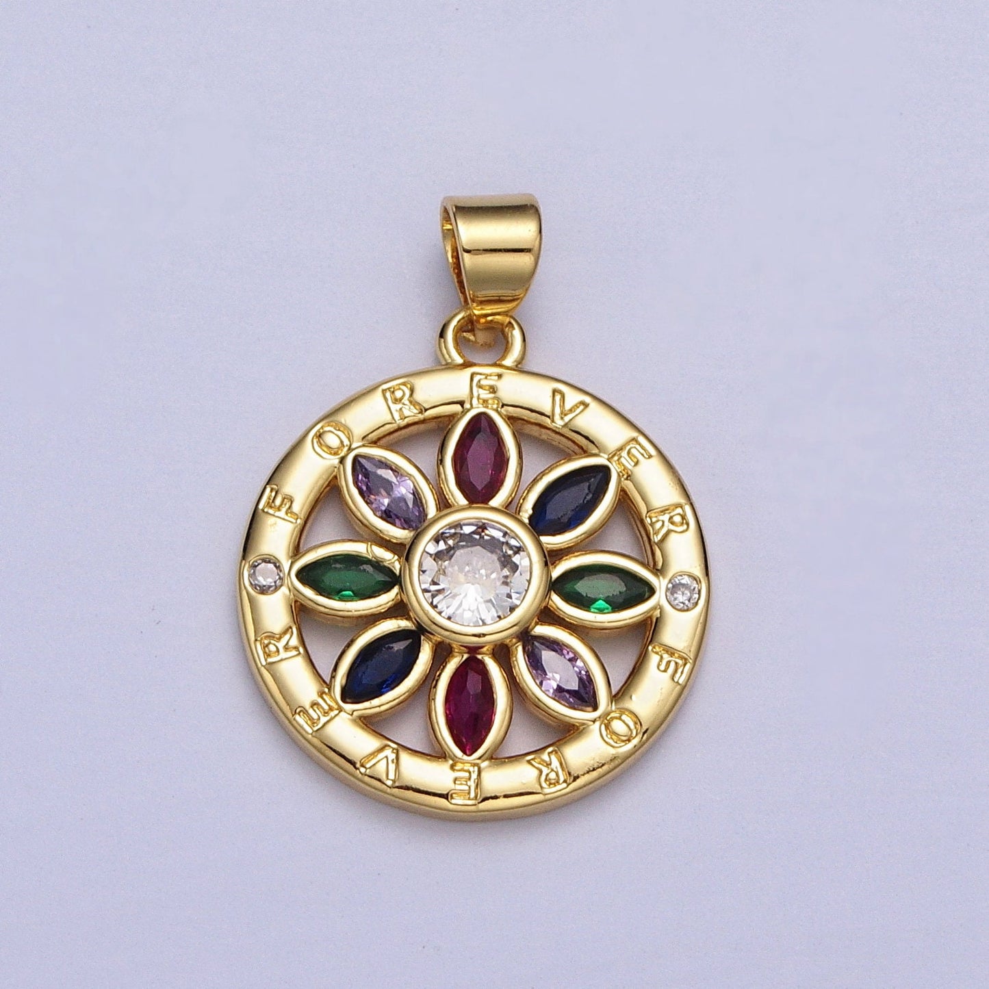 Multicolor Marquise CZ Flower Charm Forever Script Round Coin Gold Pendant | AA008