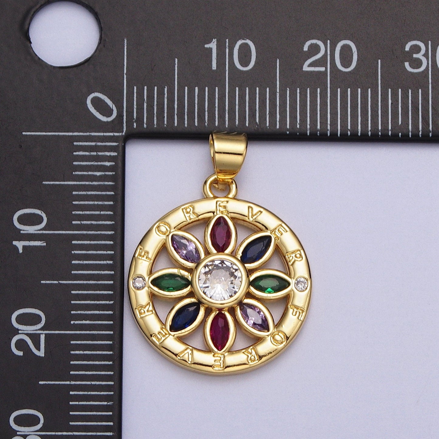Multicolor Marquise CZ Flower Charm Forever Script Round Coin Gold Pendant | AA008