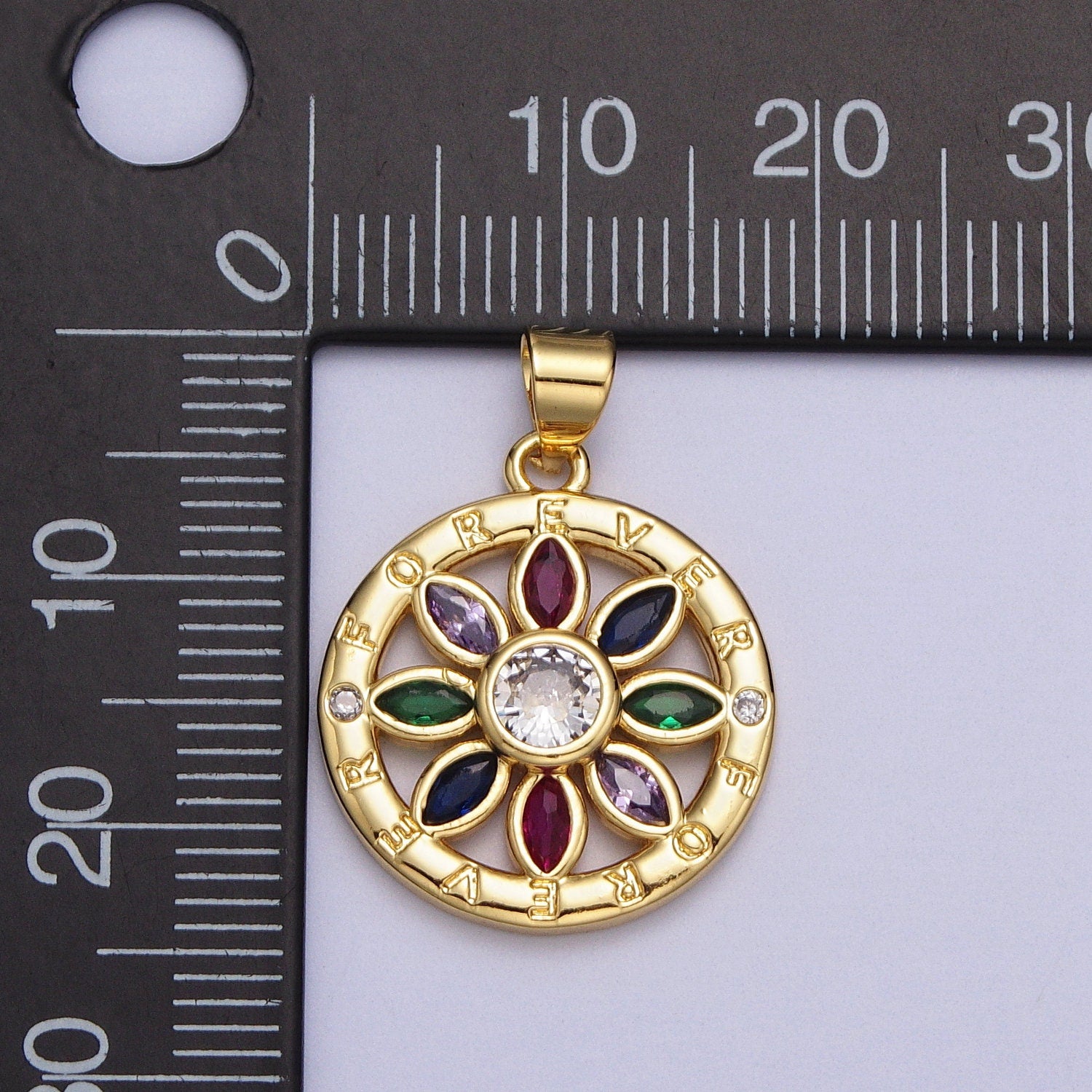 Multicolor Marquise CZ Flower Charm Forever Script Round Coin Gold Pendant | AA008