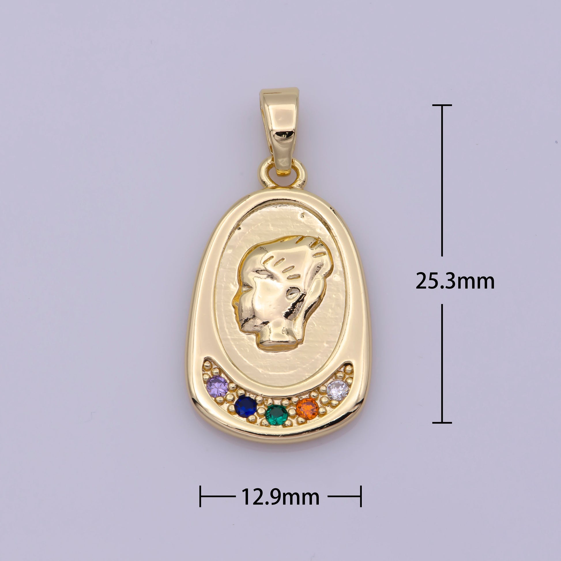 16K Gold Filled Portrait Women Charm Cameo Micro Paved Multicolor CZ Pendant | N501