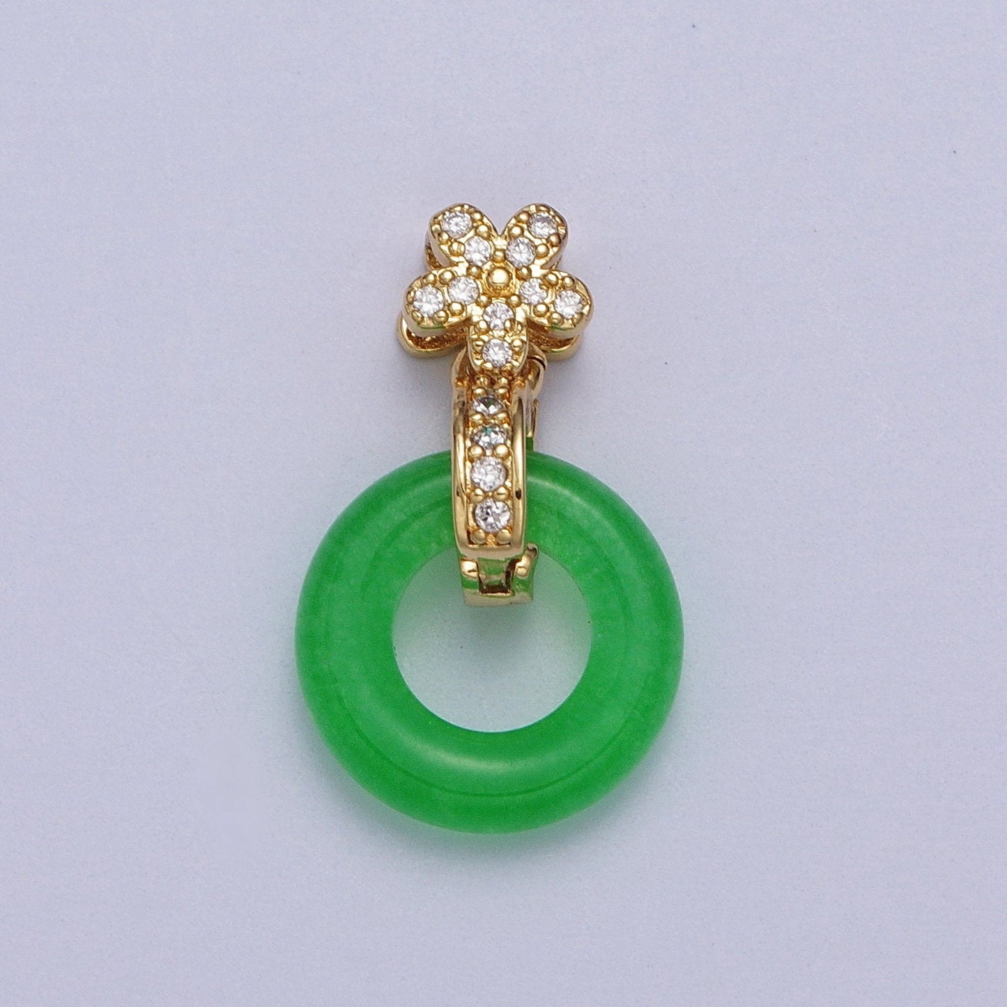 Green Donut Jade Charm Micro Paved CZ Gold Flower Pendant | AA010