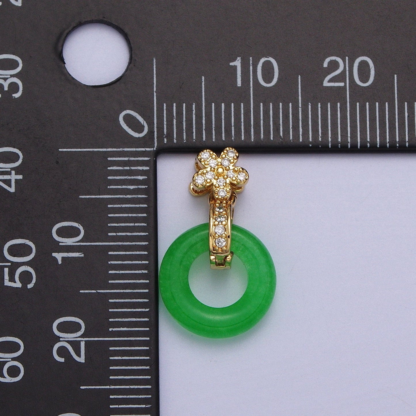 Green Donut Jade Charm Micro Paved CZ Gold Flower Pendant | AA010