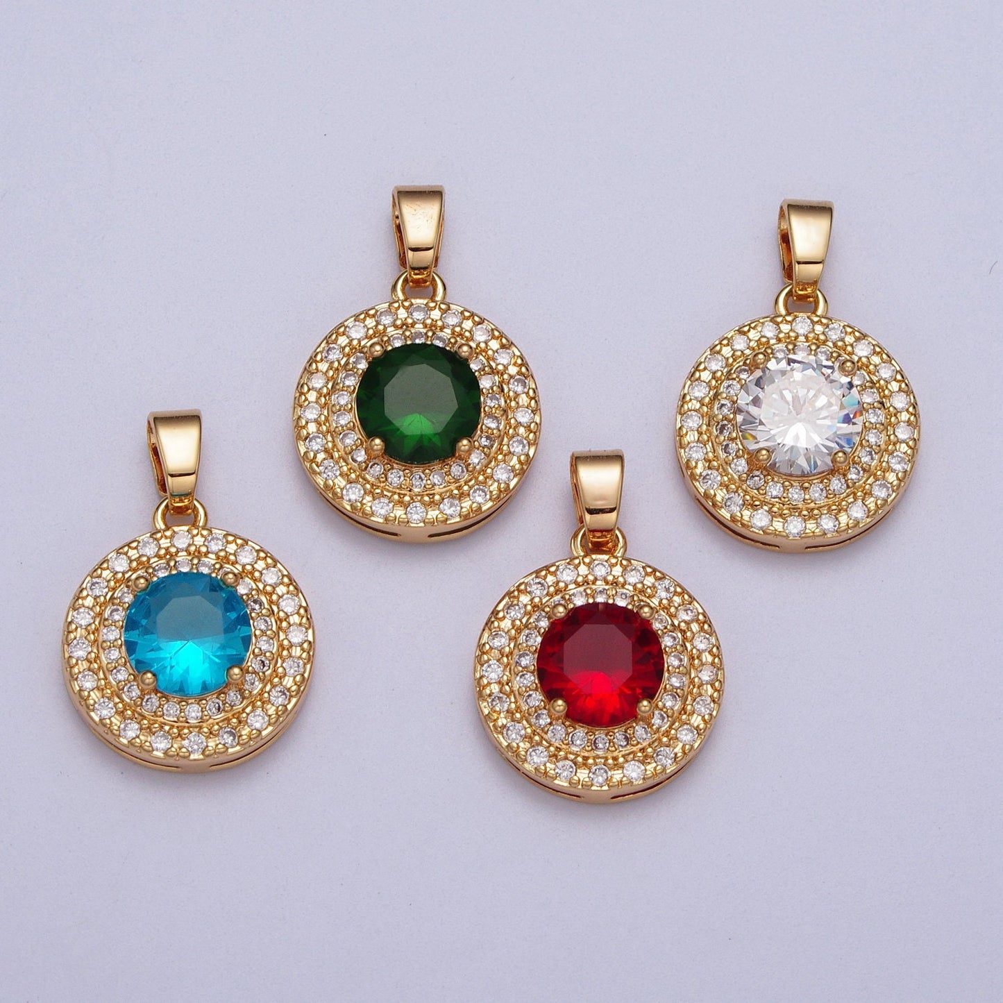 Circle Solitaire Clear, Red, Blue, Green CZ Charm Micro Paved Round Gold Pendant For Minimalist Jewelry Dangle Charm AA014