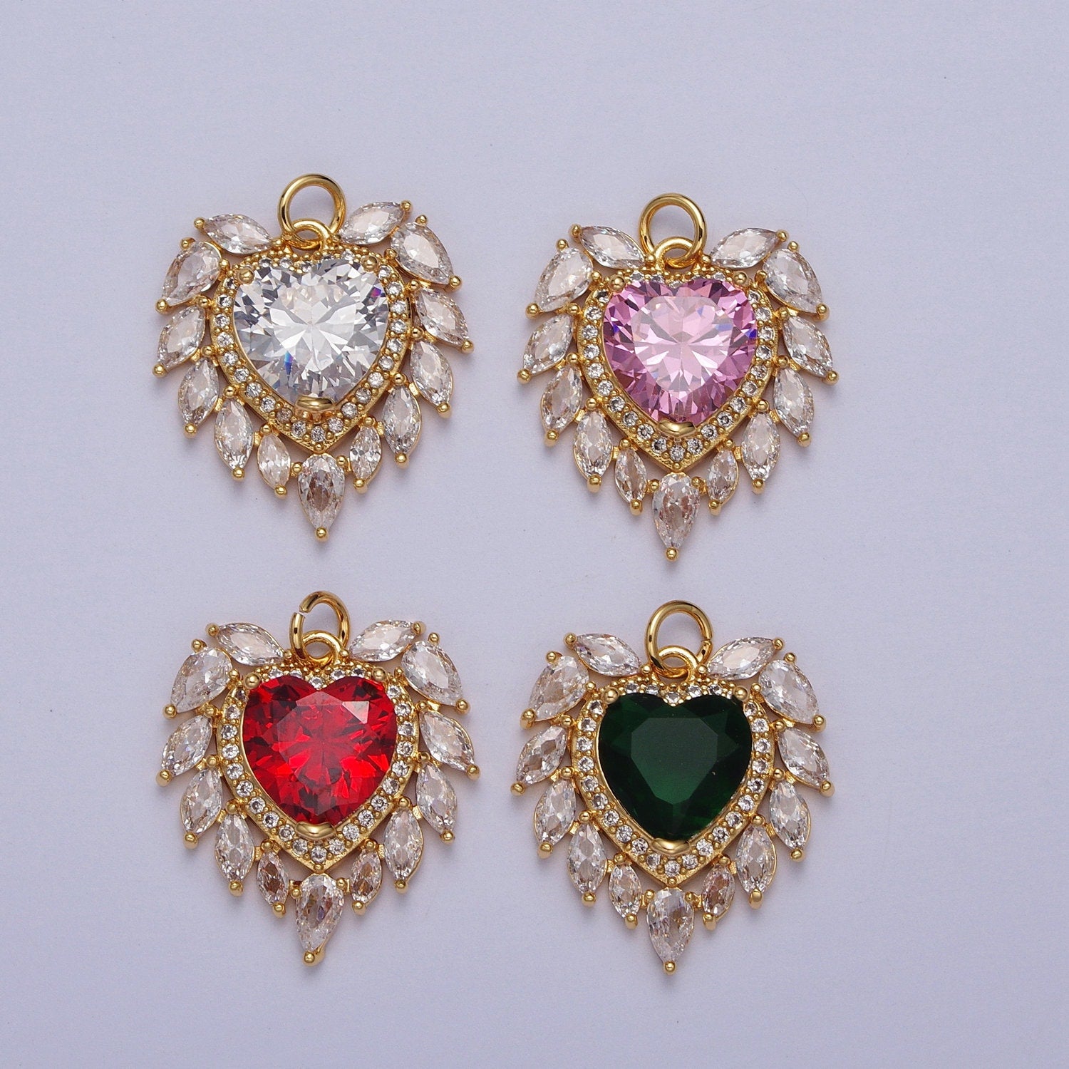 24k Gold Filled Pink, Clear, Green, Red Heart Marquise Teardrop CZ Charm for Colorful Minimalist Jewelry Making Supply | AC005 - AC008