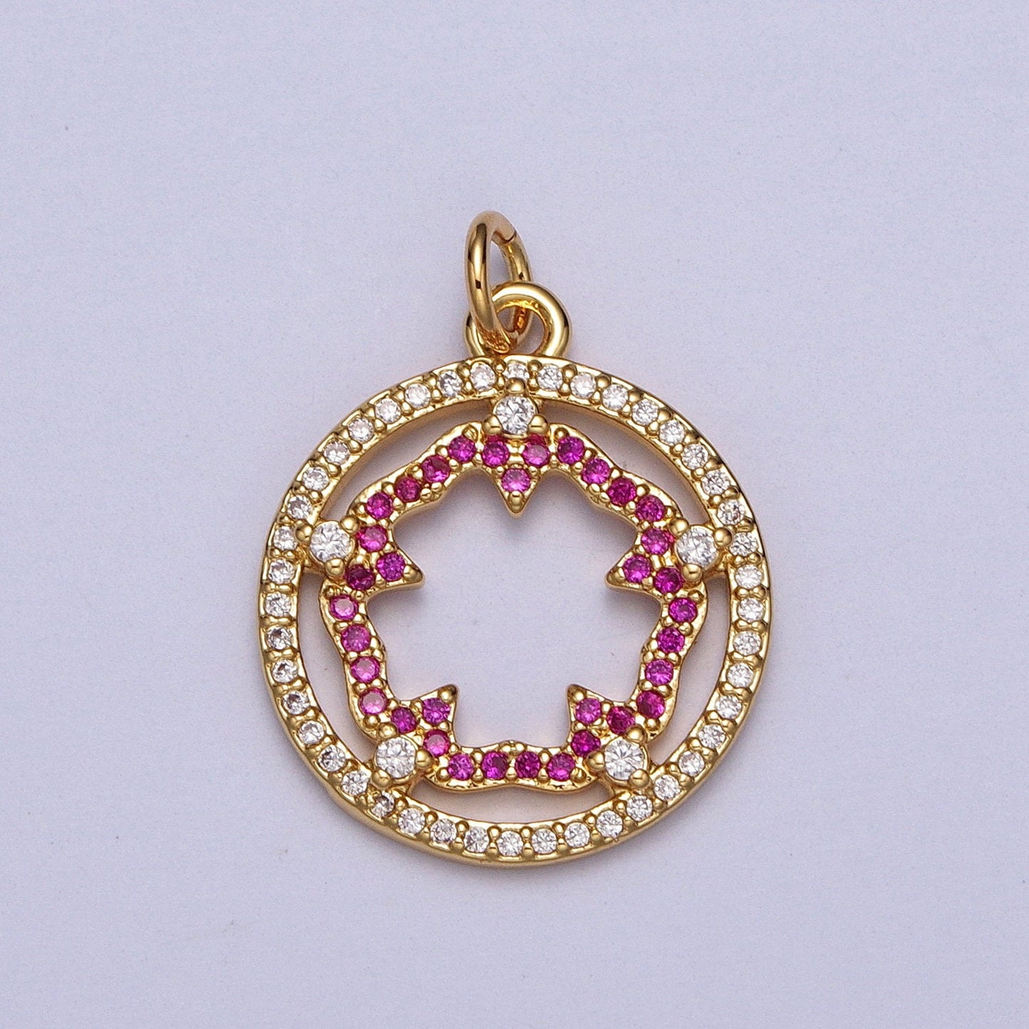 Gold Cubic Pink Fuchsia Flower Charm Outline Floral Micro Paved Coin Medallion Clear CZ Open Round Gold Charm | AC018