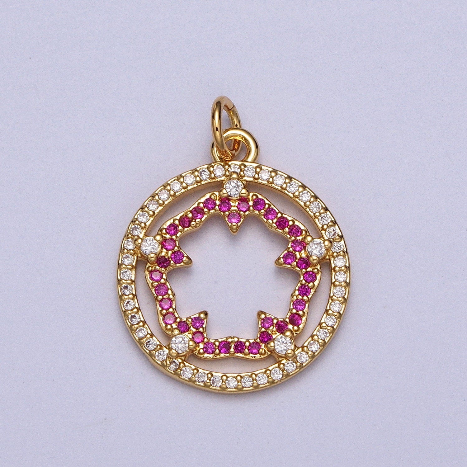 Gold Cubic Pink Fuchsia Flower Charm Outline Floral Micro Paved Coin Medallion Clear CZ Open Round Gold Charm | AC018