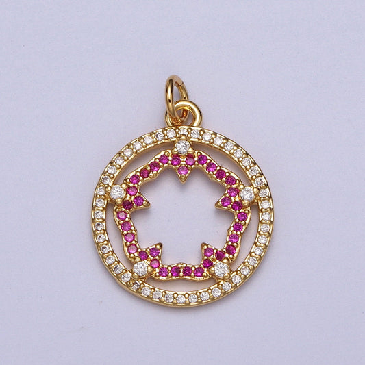 Gold Cubic Pink Fuchsia Flower Charm Outline Floral Micro Paved Coin Medallion Clear CZ Open Round Gold Charm | AC018