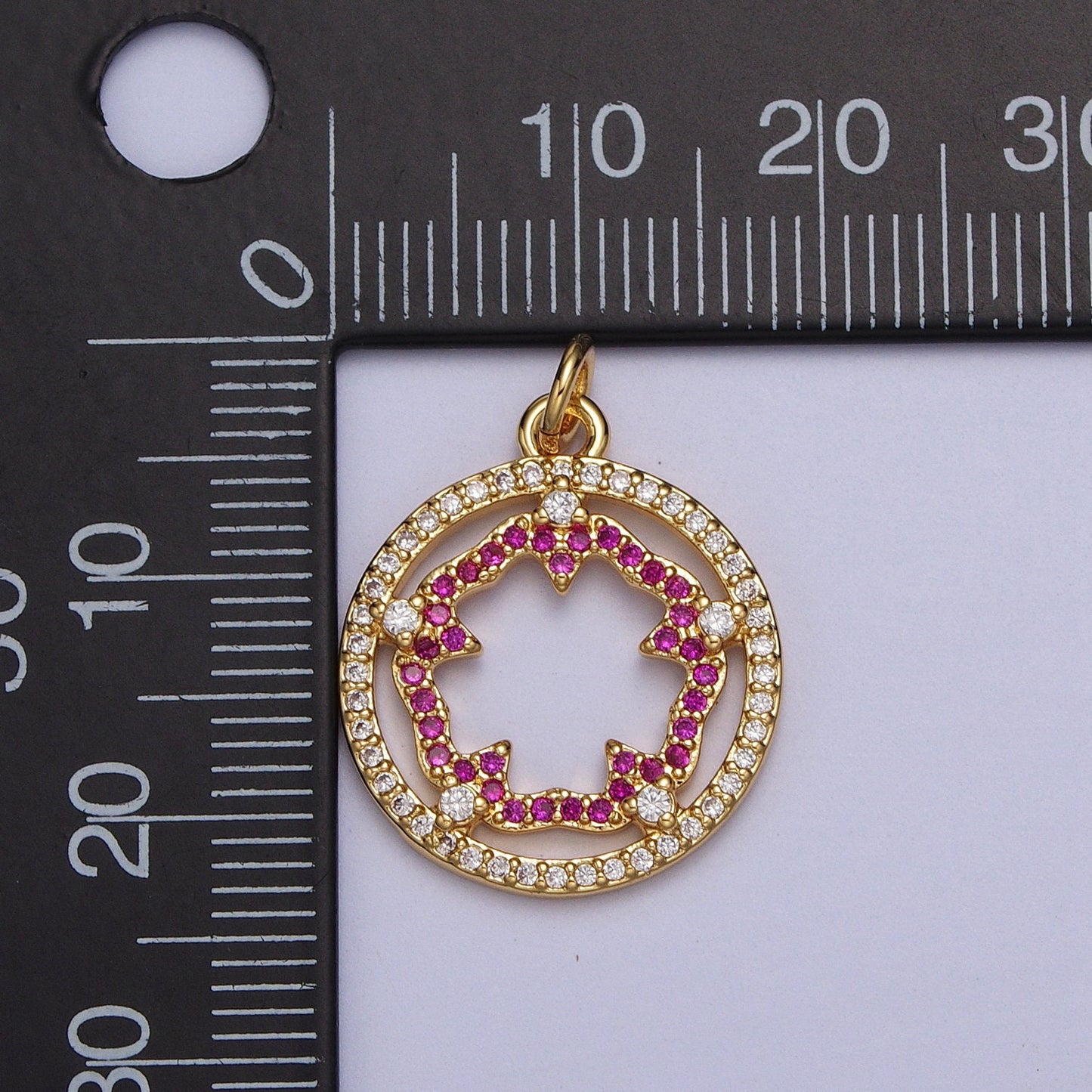 Gold Cubic Pink Fuchsia Flower Charm Outline Floral Micro Paved Coin Medallion Clear CZ Open Round Gold Charm | AC018