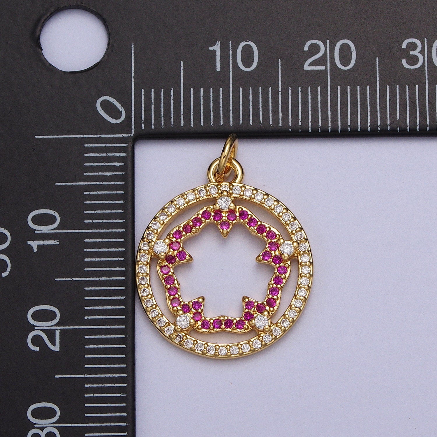 Gold Cubic Pink Fuchsia Flower Charm Outline Floral Micro Paved Coin Medallion Clear CZ Open Round Gold Charm | AC018