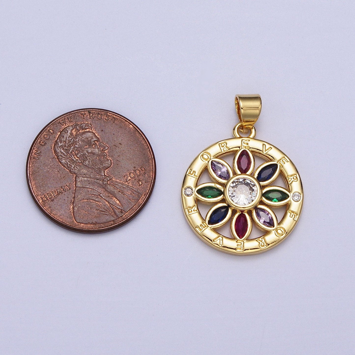 Multicolor Marquise CZ Flower Charm Forever Script Round Coin Gold Pendant | AA008