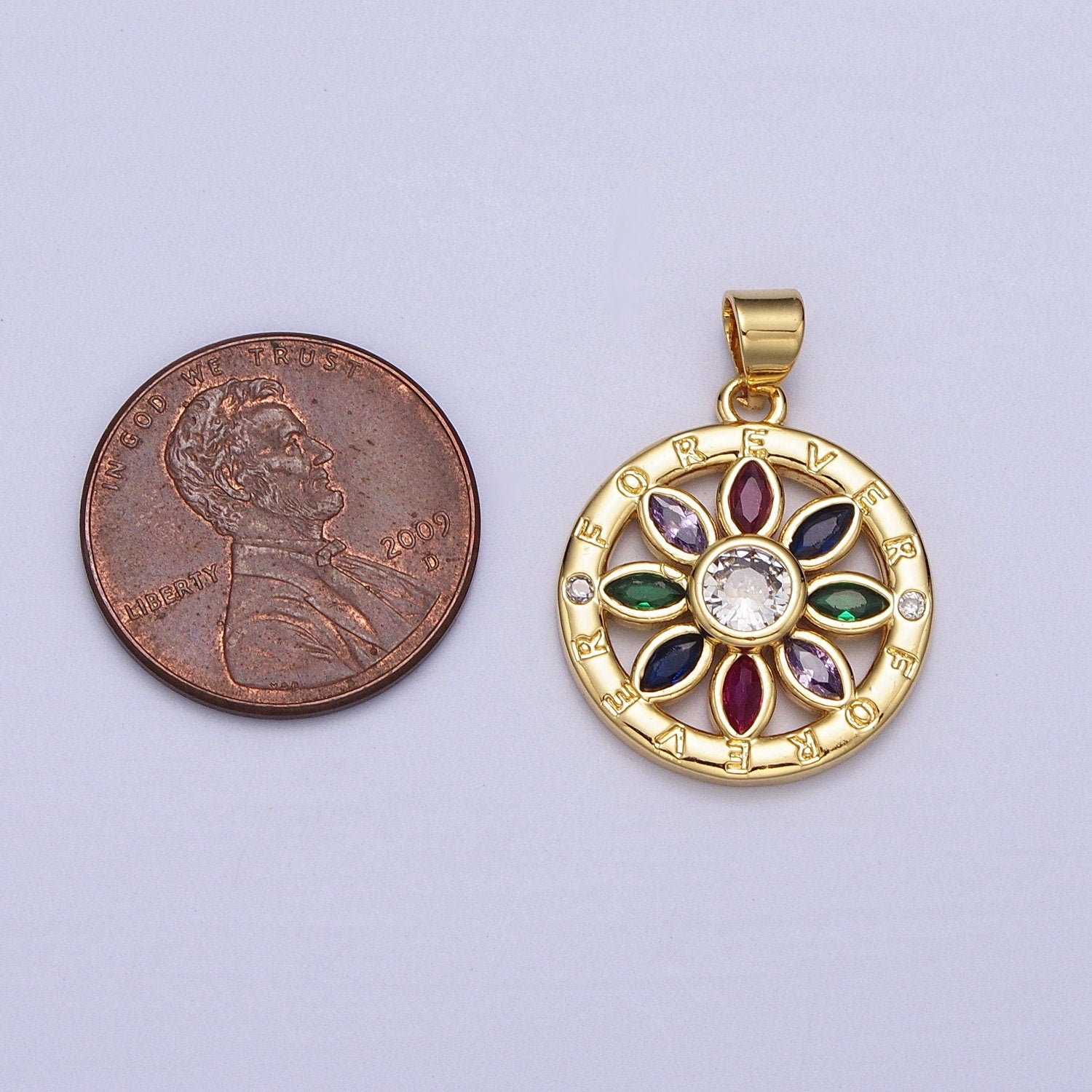 Multicolor Marquise CZ Flower Charm Forever Script Round Coin Gold Pendant | AA008