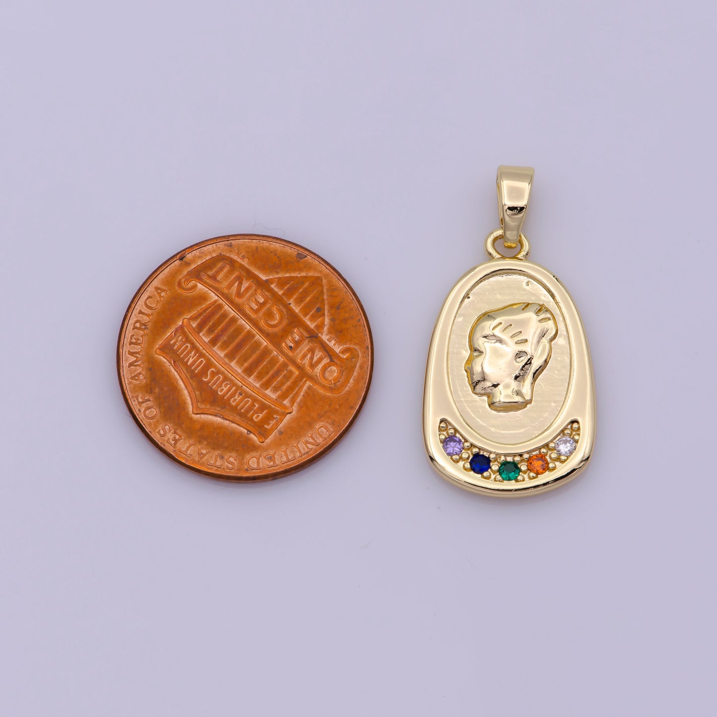 16K Gold Filled Portrait Women Charm Cameo Micro Paved Multicolor CZ Pendant | N501