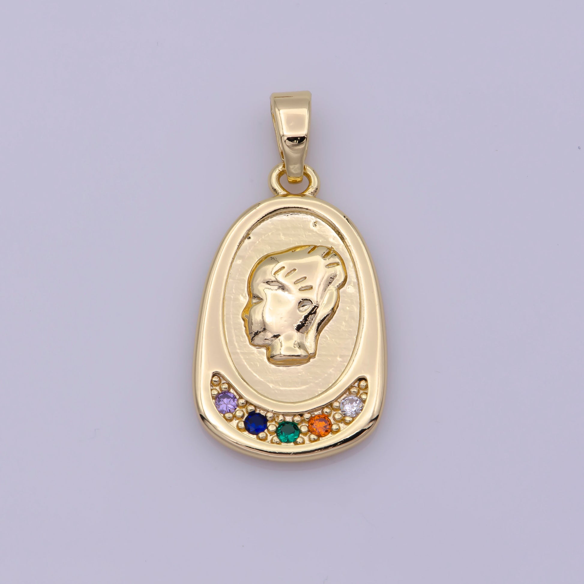 16K Gold Filled Portrait Women Charm Cameo Micro Paved Multicolor CZ Pendant | N501