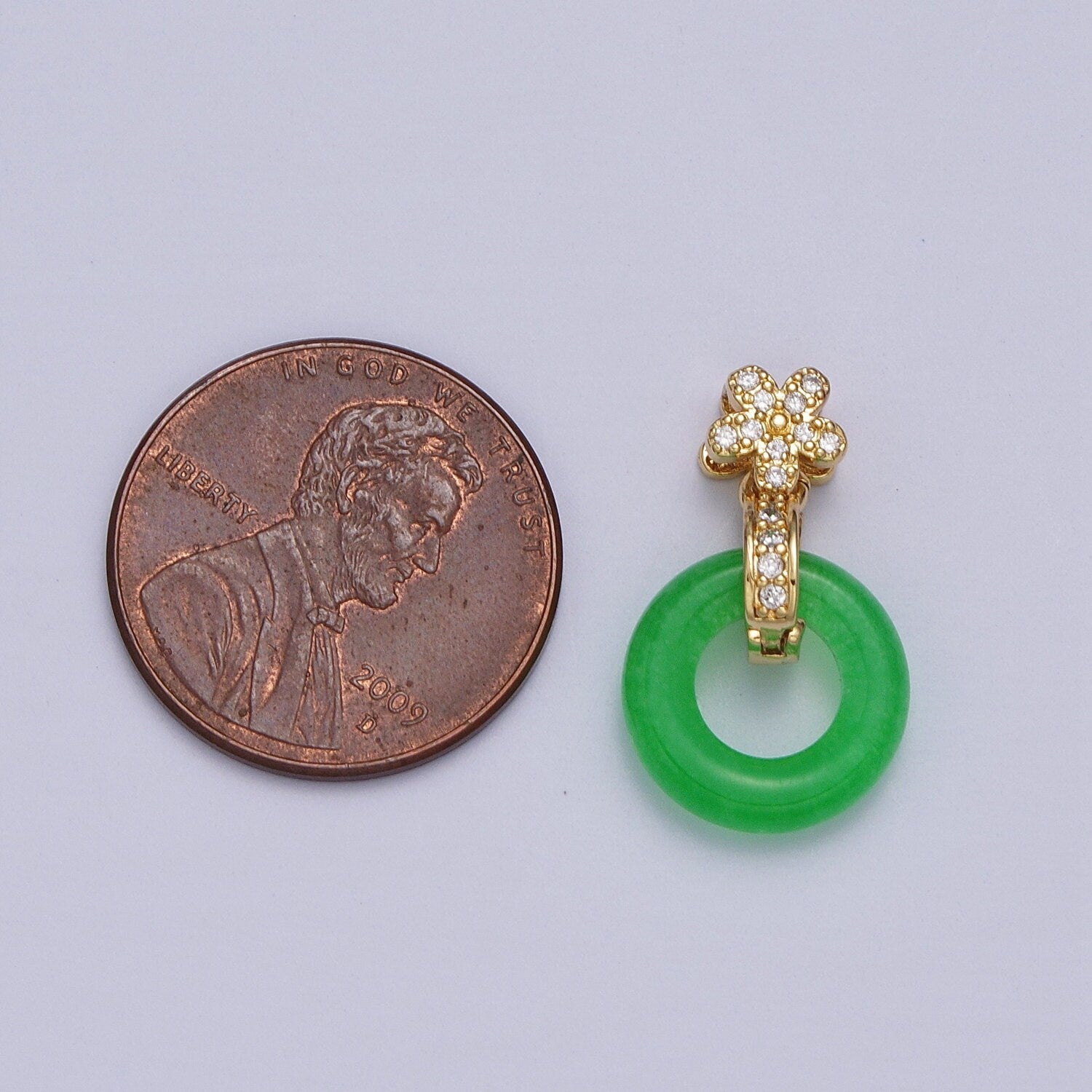 Green Donut Jade Charm Micro Paved CZ Gold Flower Pendant | AA010
