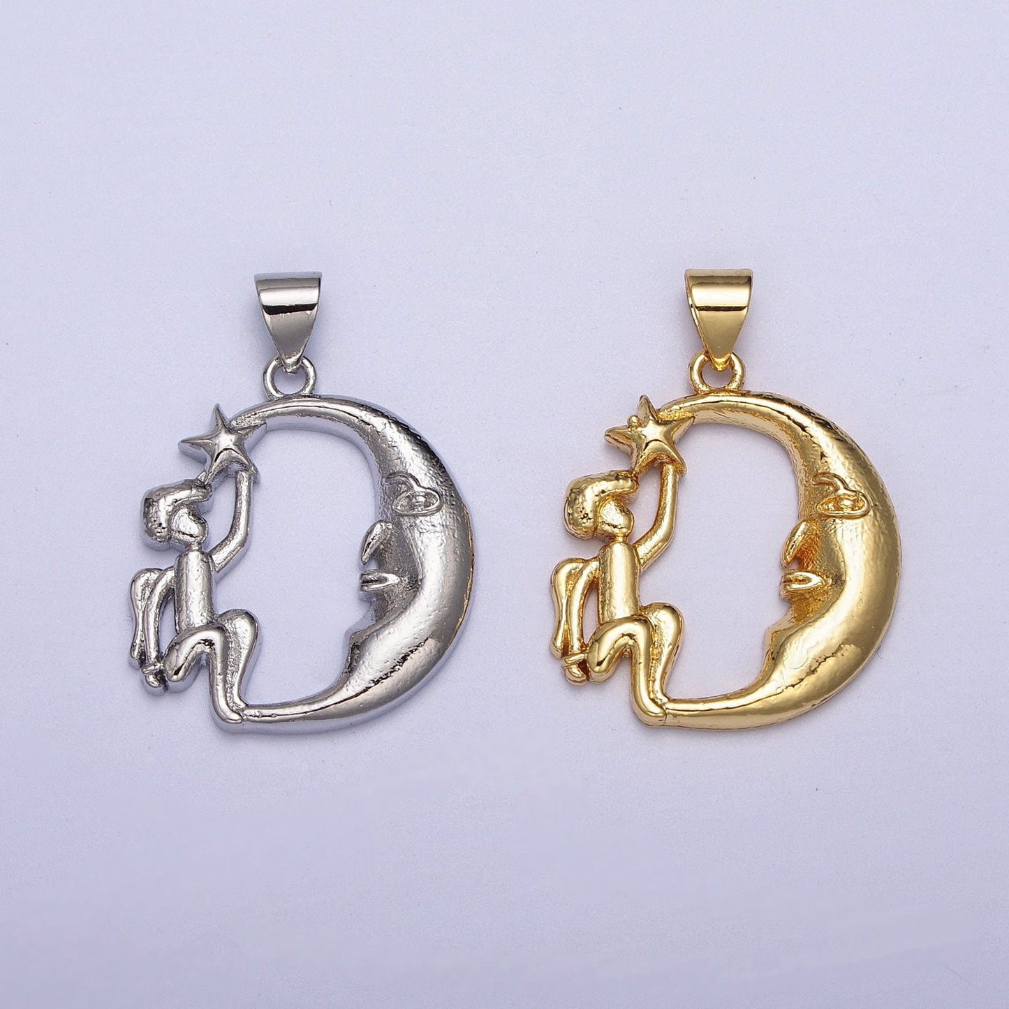 24k Gold Filled Angel Star on the Crescent Moon Pendant in Gold & Silver | AA002 A003