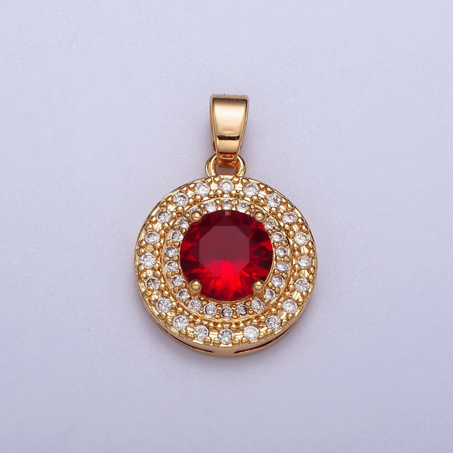 Circle Solitaire Clear, Red, Blue, Green CZ Charm Micro Paved Round Gold Pendant For Minimalist Jewelry Dangle Charm AA014