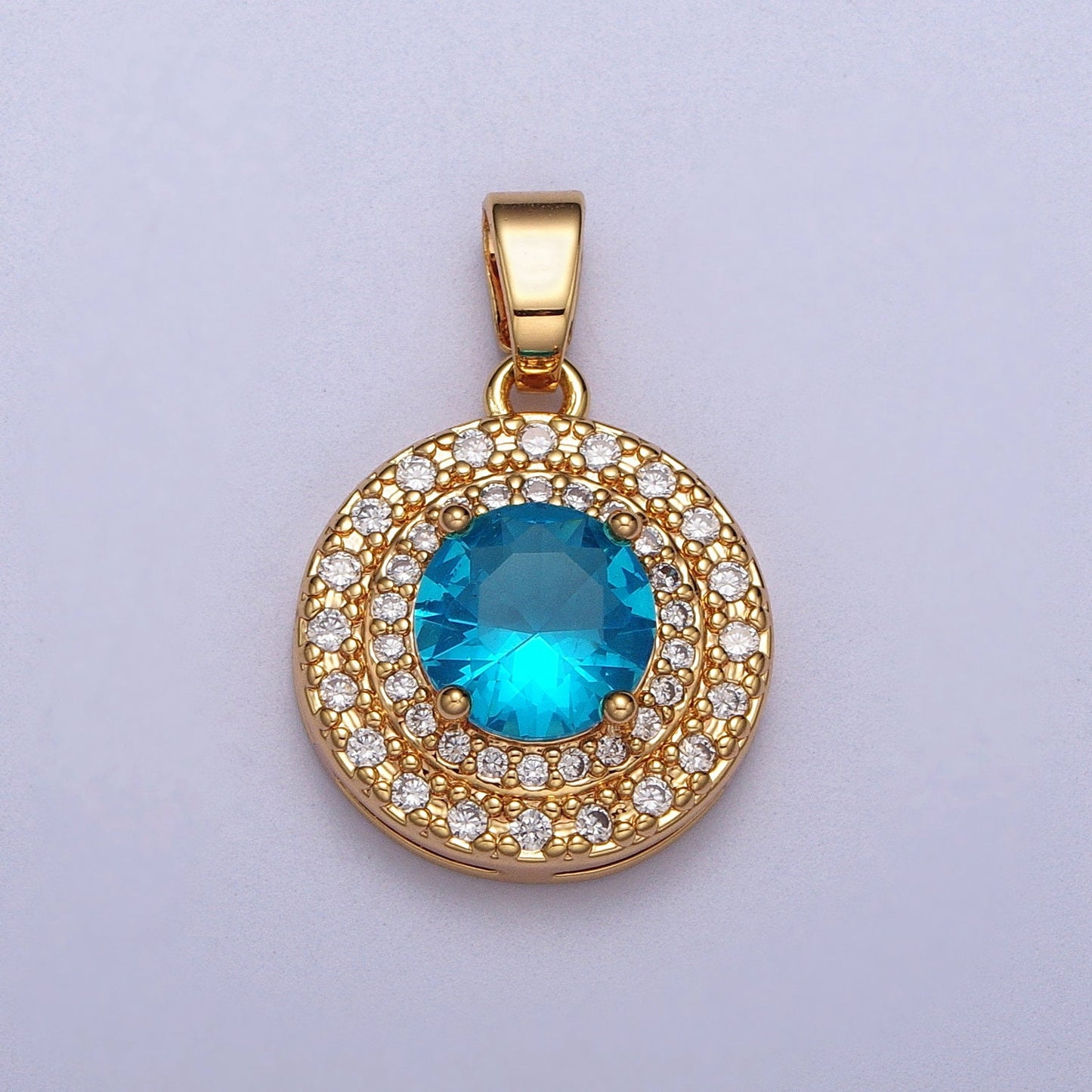 Circle Solitaire Clear, Red, Blue, Green CZ Charm Micro Paved Round Gold Pendant For Minimalist Jewelry Dangle Charm AA014