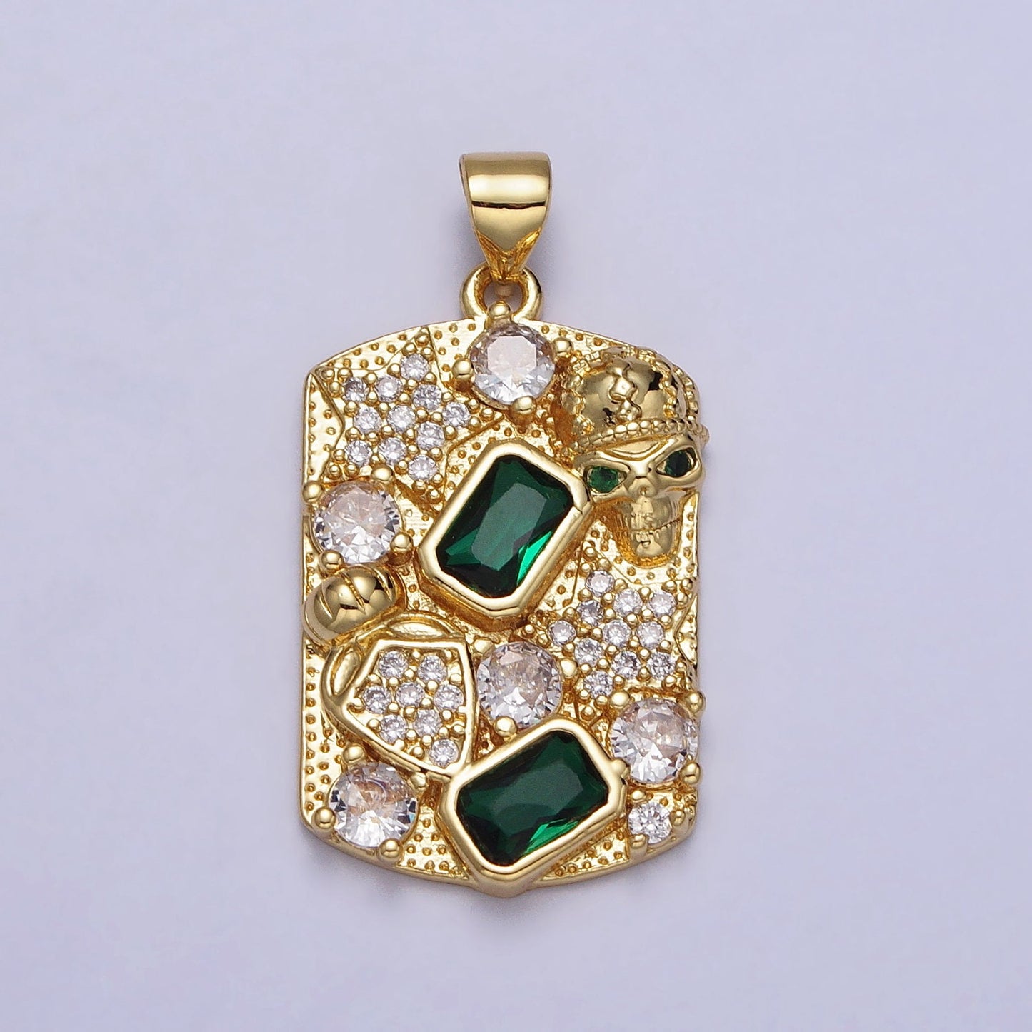 Gold Military Tag Pendant Micro Pave Emerald Green Charm with Skull for Necklace Charm Supply AA020