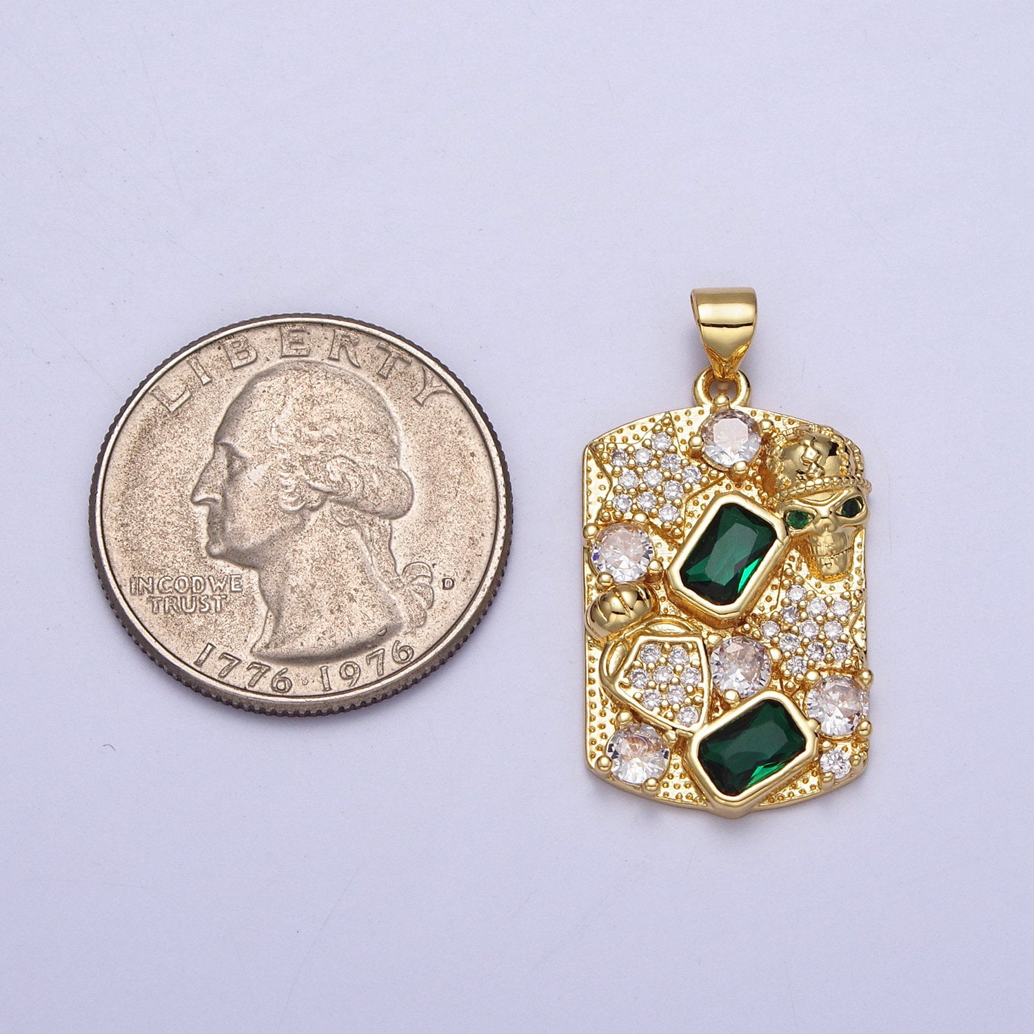 Gold Military Tag Pendant Micro Pave Emerald Green Charm with Skull for Necklace Charm Supply AA020