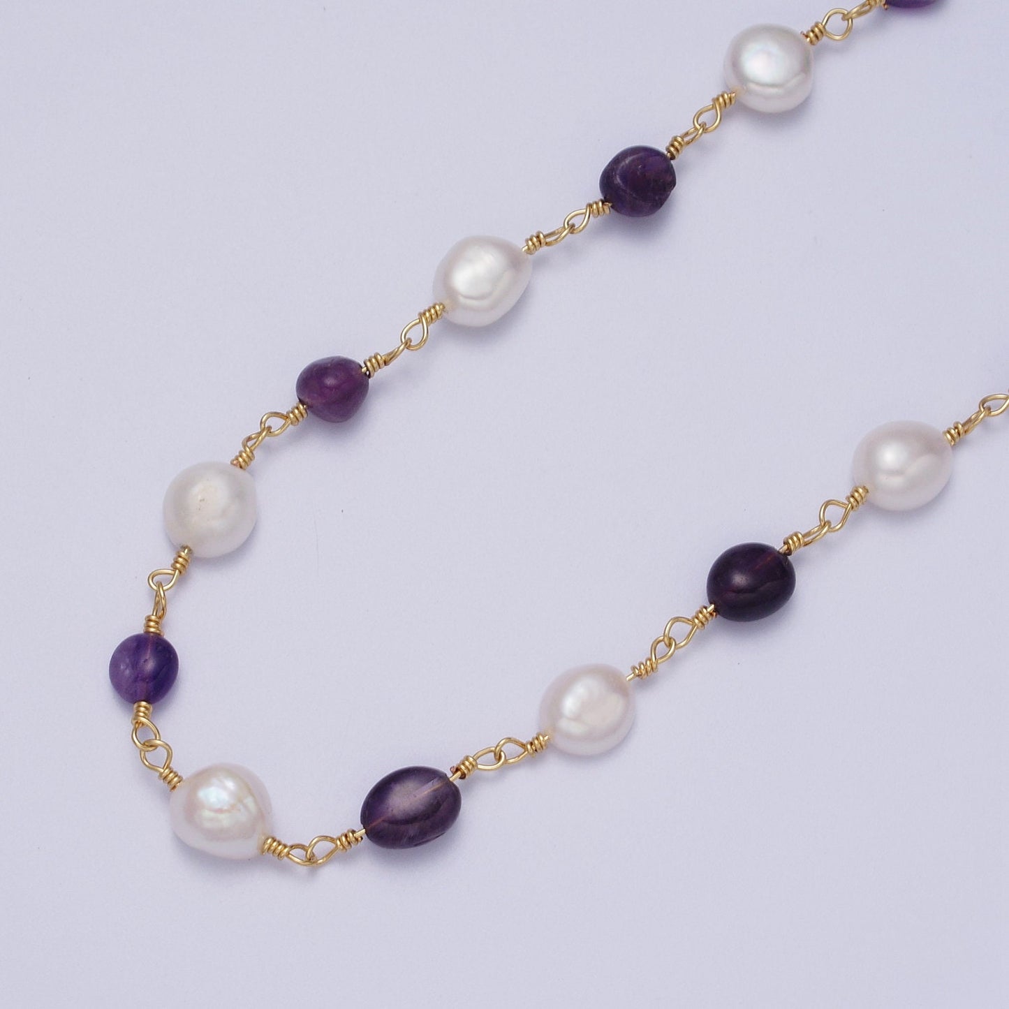 Chunky Gold Pearl Gemstone Rose Quartz, Amethyst, Citrine, Moonstone Wire Wrapped Rosary Chain for Jewelry Making Supply ROLL-1013