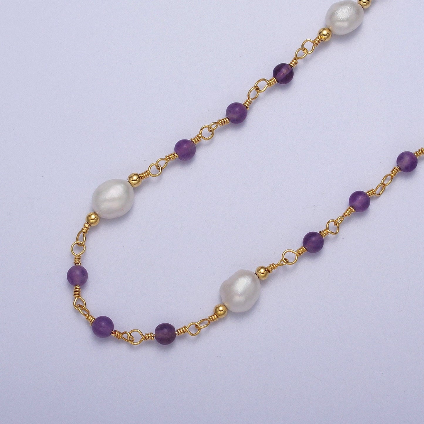 Amethyst with Pearl Gemstone Beads 14k Gold Filled Wire Wrapped Rosary Chain Unfinished Chain by Yard for Jewelry Making Supply Roll-1072