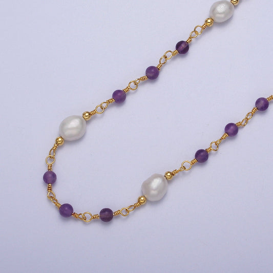 Amethyst with Pearl Gemstone Beads 14k Gold Filled Wire Wrapped Rosary Chain Unfinished Chain by Yard for Jewelry Making Supply Roll-1072