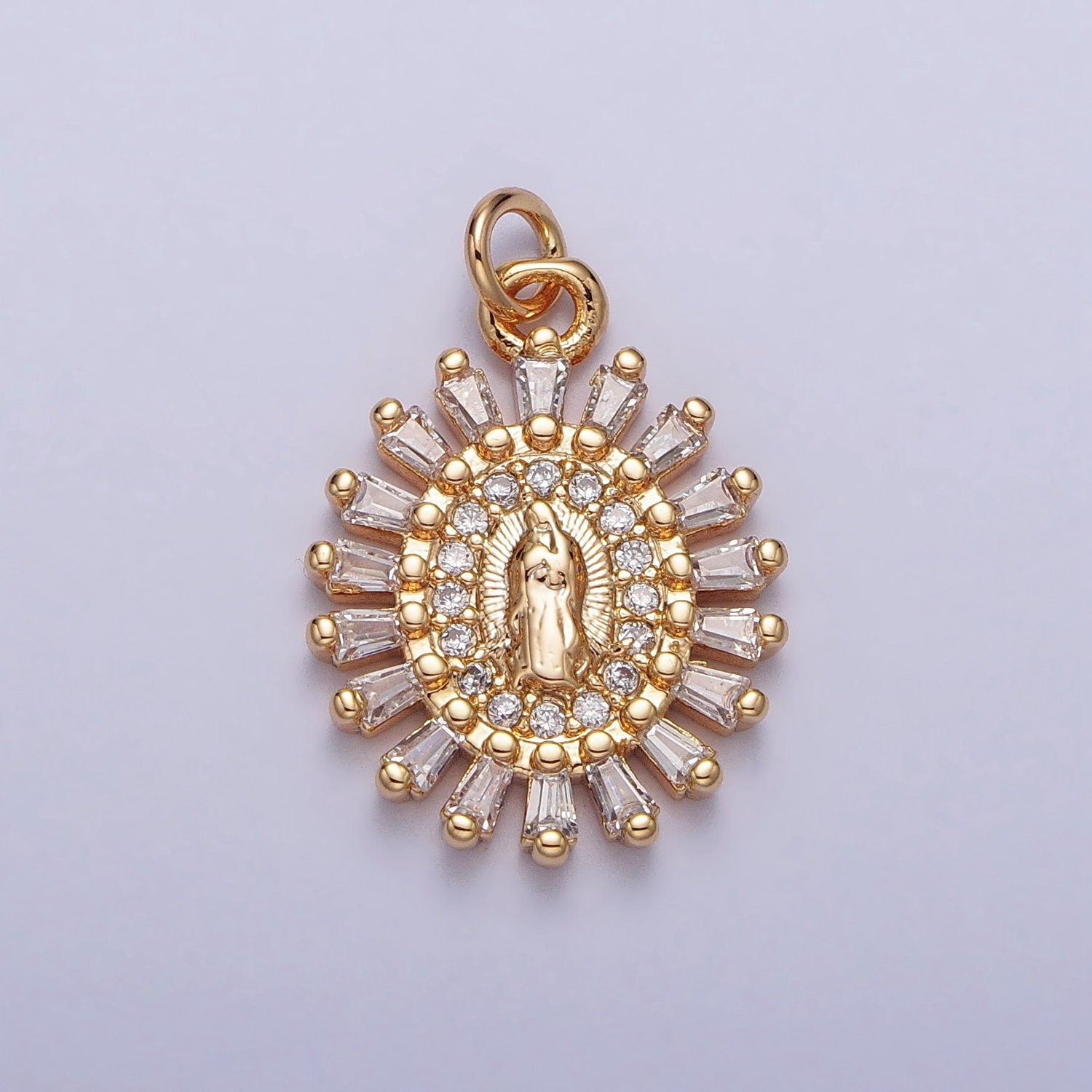 16K Gold Plated Our Lady of Guadalupe Charm Virgin Mary Lady of Lourdes Catholic Bijoux Sunburst Baguette CZ Charm Silver ac262