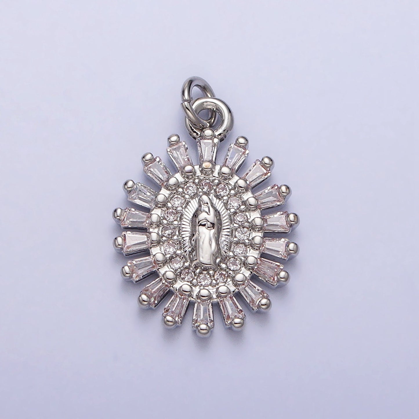 16K Gold Plated Our Lady of Guadalupe Charm Virgin Mary Lady of Lourdes Catholic Bijoux Sunburst Baguette CZ Charm Silver ac262