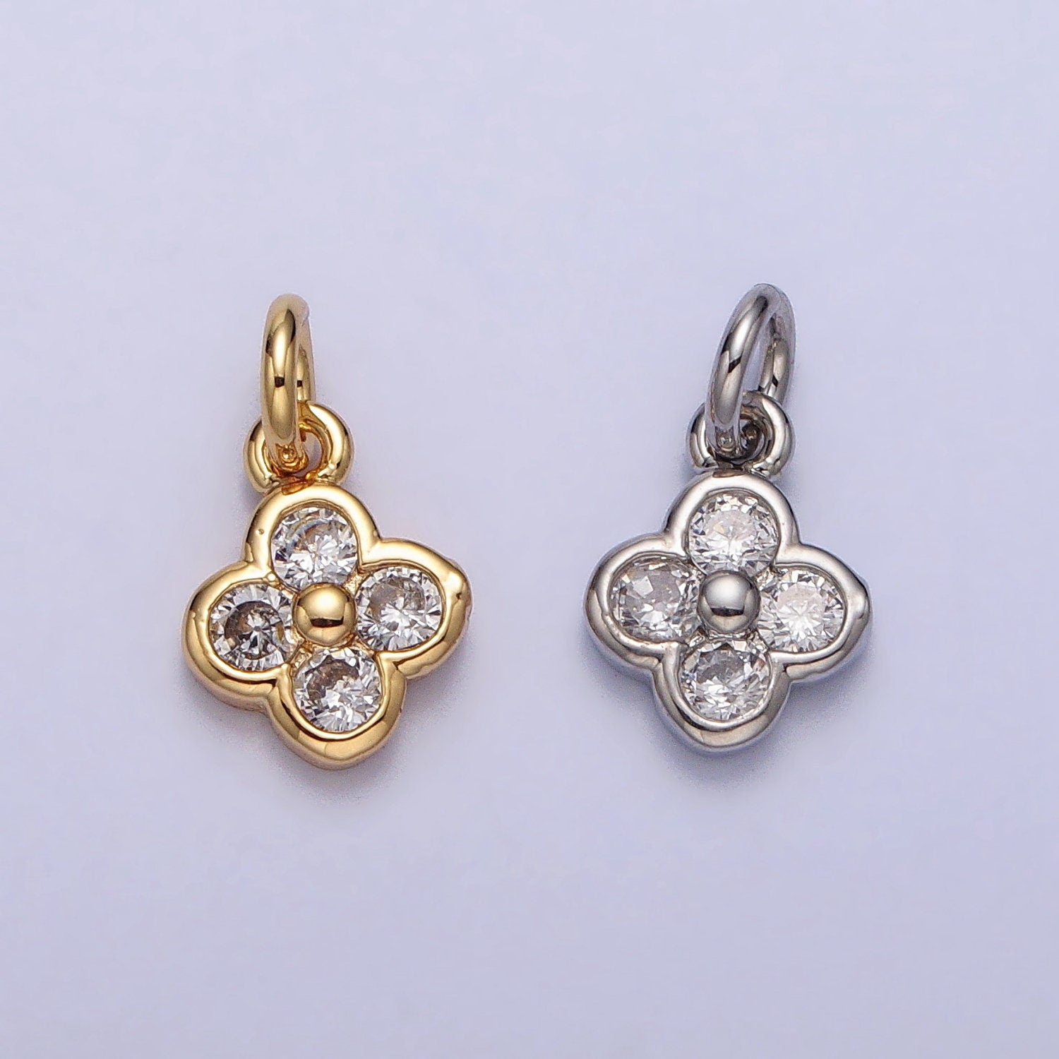 Mini Gold Tiny Clover Charm, CZ Micro Pave Clover Charm, Zirconia Charms, Silver Clover Beads, Gold Plated Findings AC260