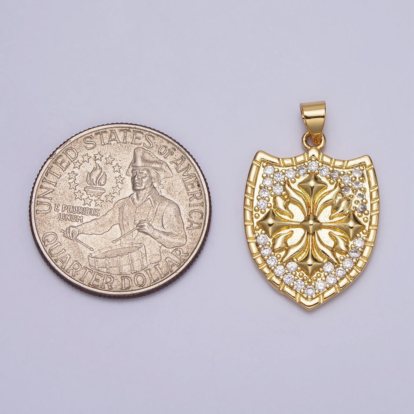 Dainty Gold Cross Shield Pendant for Necklace with Cubic Zirconia Vintage Medallion Cross Shield Charm Religious Jewelry AA-085