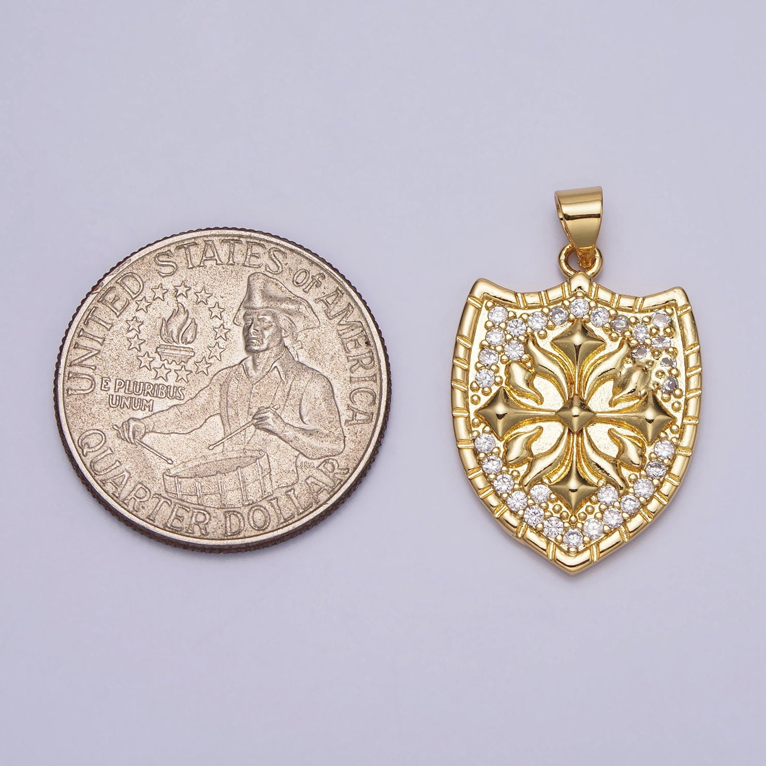 Dainty Gold Cross Shield Pendant for Necklace with Cubic Zirconia Vintage Medallion Cross Shield Charm Religious Jewelry AA-085