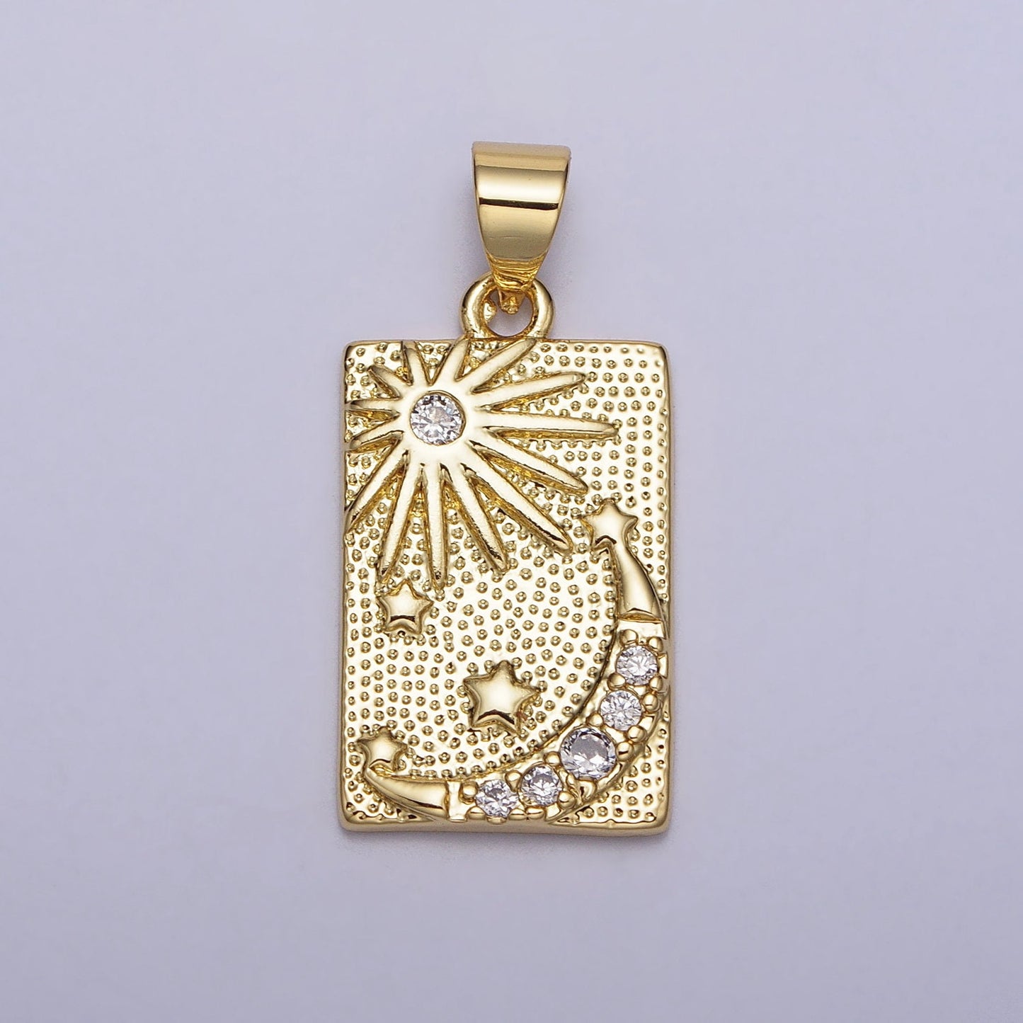 Gold Tag Celestial Pendant Clear CZ Sun Star Crescent Moon Dotted Rectangular Pendant | AA089
