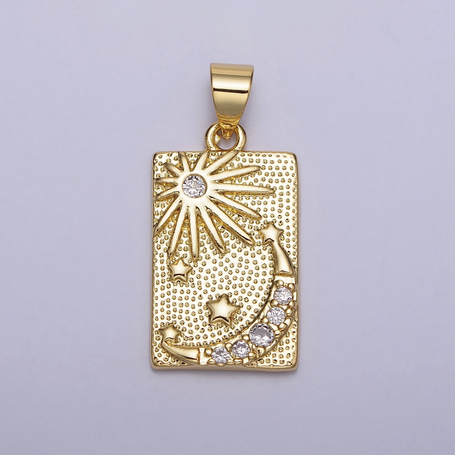 Gold Tag Celestial Pendant Clear CZ Sun Star Crescent Moon Dotted Rectangular Pendant | AA089