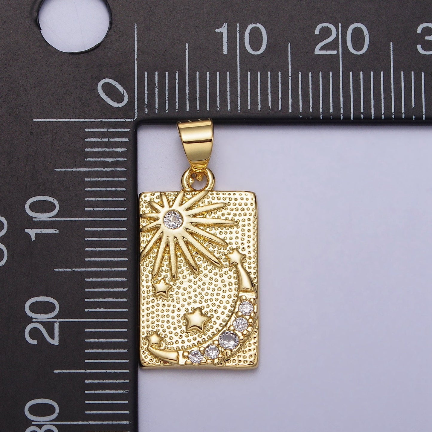 Gold Tag Celestial Pendant Clear CZ Sun Star Crescent Moon Dotted Rectangular Pendant | AA089