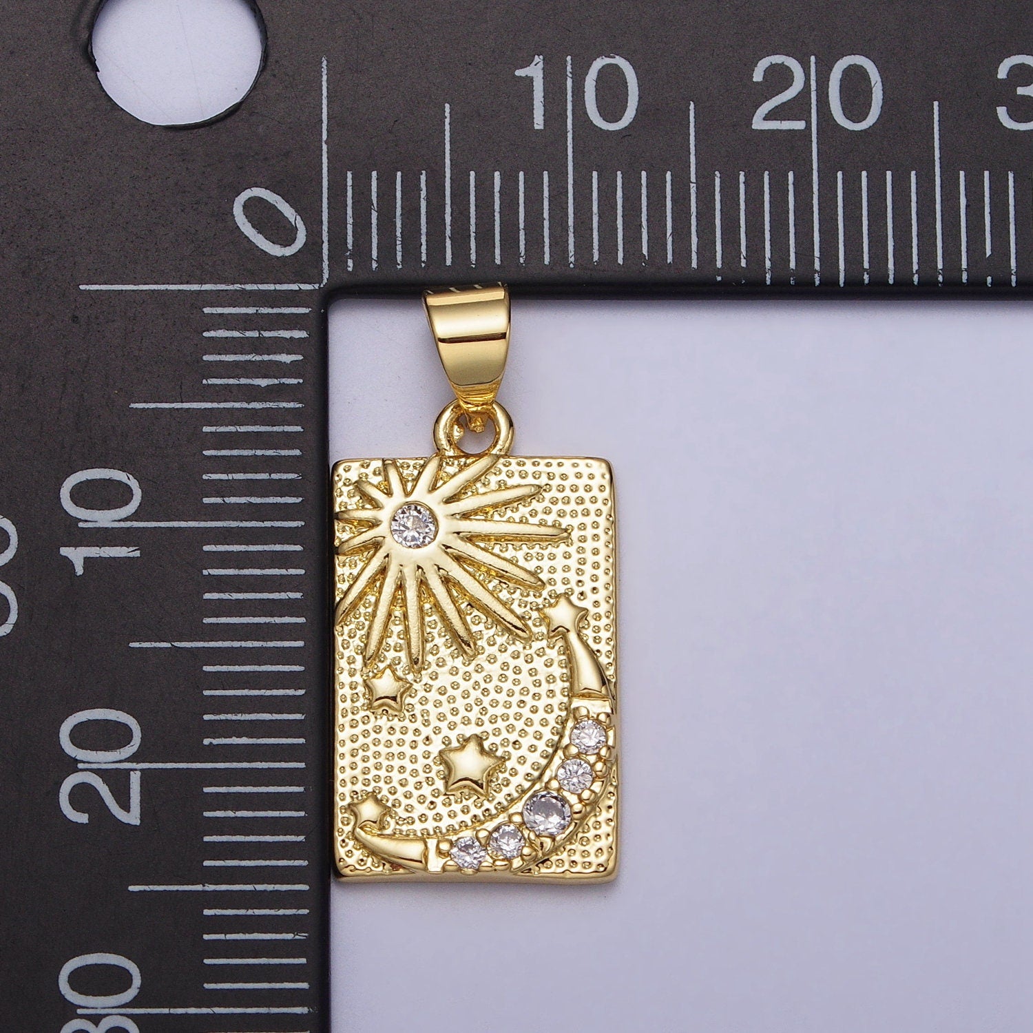 Gold Tag Celestial Pendant Clear CZ Sun Star Crescent Moon Dotted Rectangular Pendant | AA089