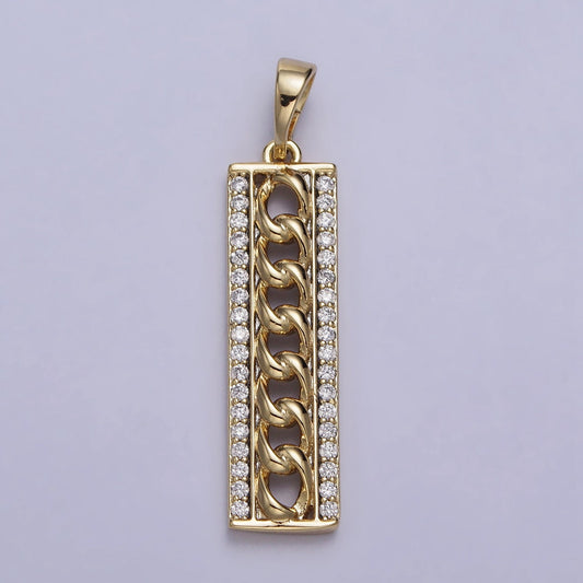 Thin Cubic Zirconia Cubic Zirconia Charms Curb Chain Link CZ Bar Pendant, Gold Filled over Brass, Dangle Pendant for Necklace AA036