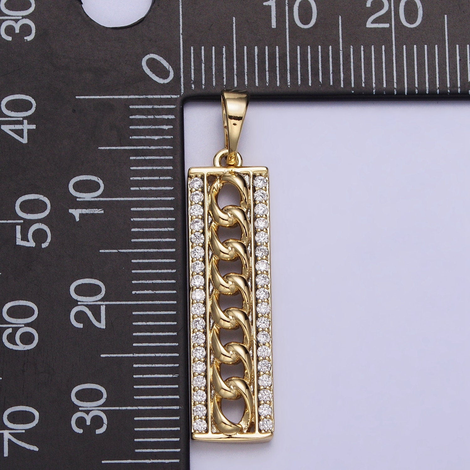 Thin Cubic Zirconia Cubic Zirconia Charms Curb Chain Link CZ Bar Pendant, Gold Filled over Brass, Dangle Pendant for Necklace AA036