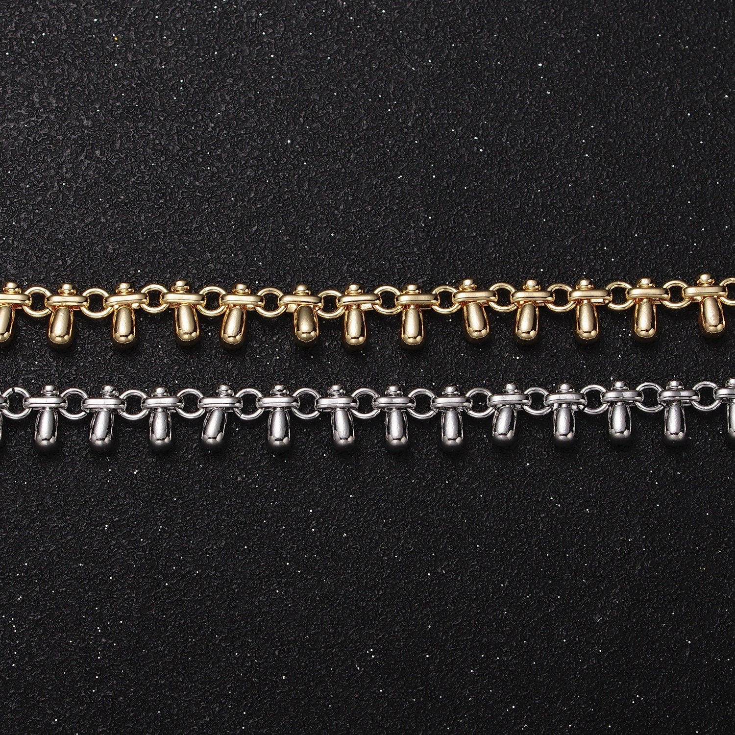 16K Gold Filled Teardrop Charm Dangle Rolo Link Designed Unfinished Jewelry Making Yard Chain in Gold & Silver | Roll-1175 Roll-1176