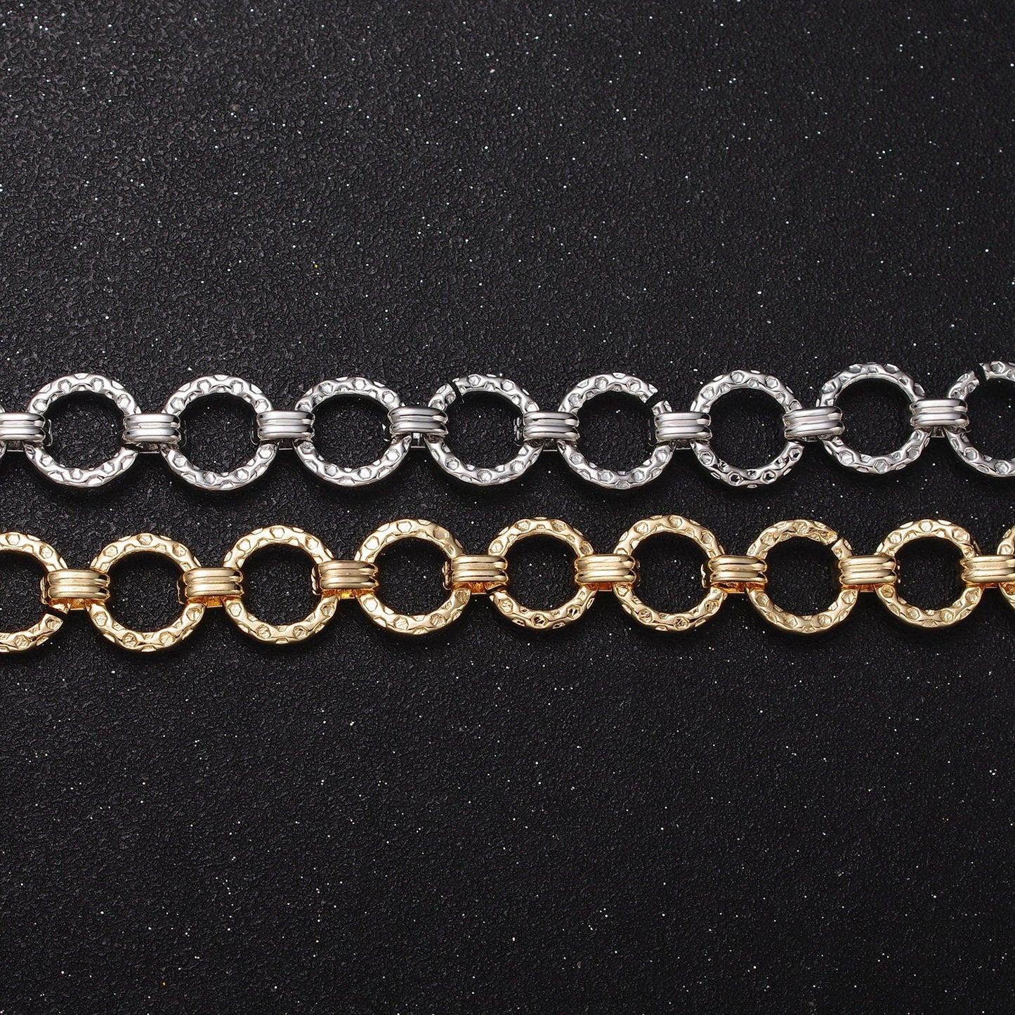 16K Gold Filled 12mm Round Rolo Hammered Unfinished Jewelry Making Chain Link By Yard In Gold & Silver | Roll-1173 Roll-1174