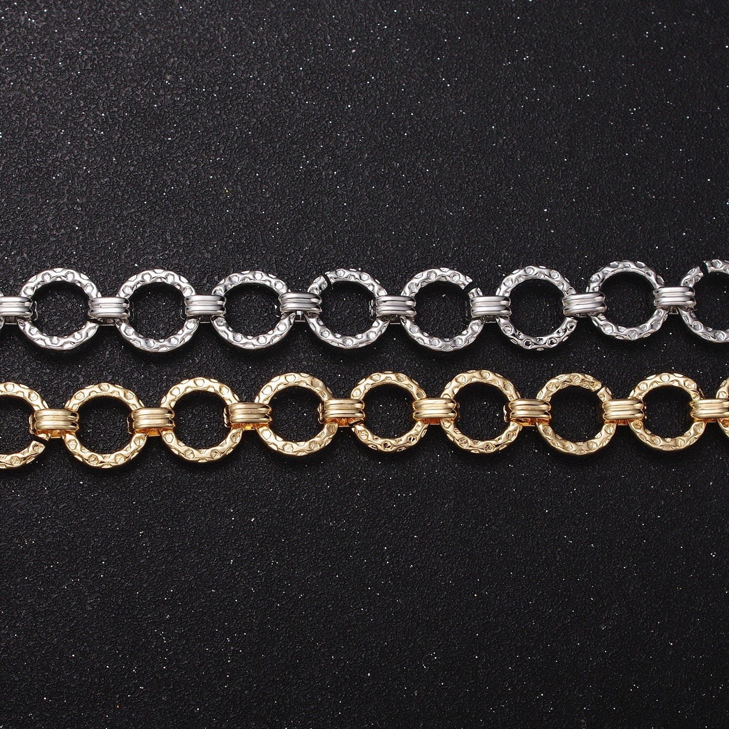 16K Gold Filled 12mm Round Rolo Hammered Unfinished Jewelry Making Chain Link By Yard In Gold & Silver | Roll-1173 Roll-1174