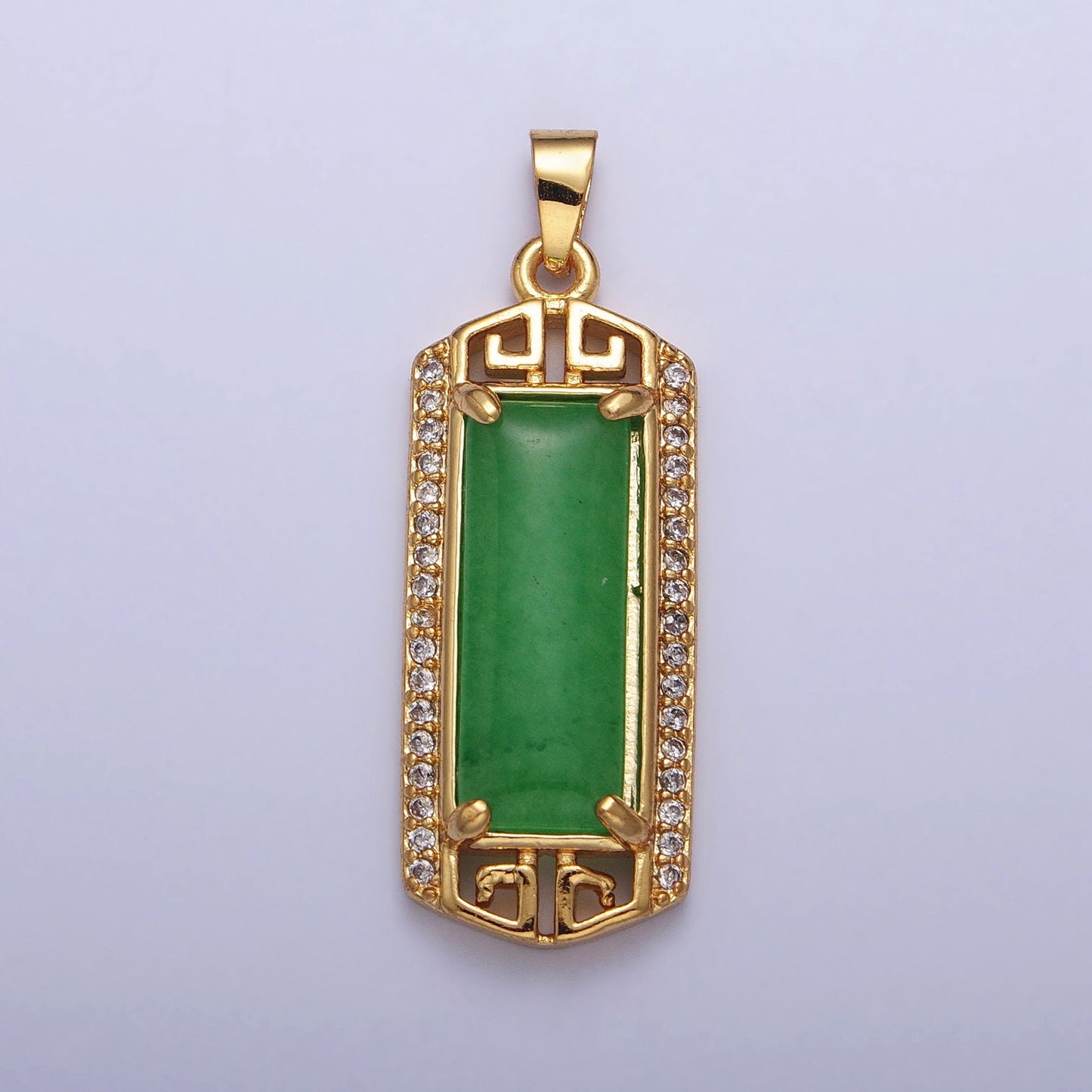 24k Gold Filled Clear Micro Paved CZ Green Jade Bar Pendant in Gold & Silver Long Tablet Pendant for Dangle Necklace | AA097 AA098