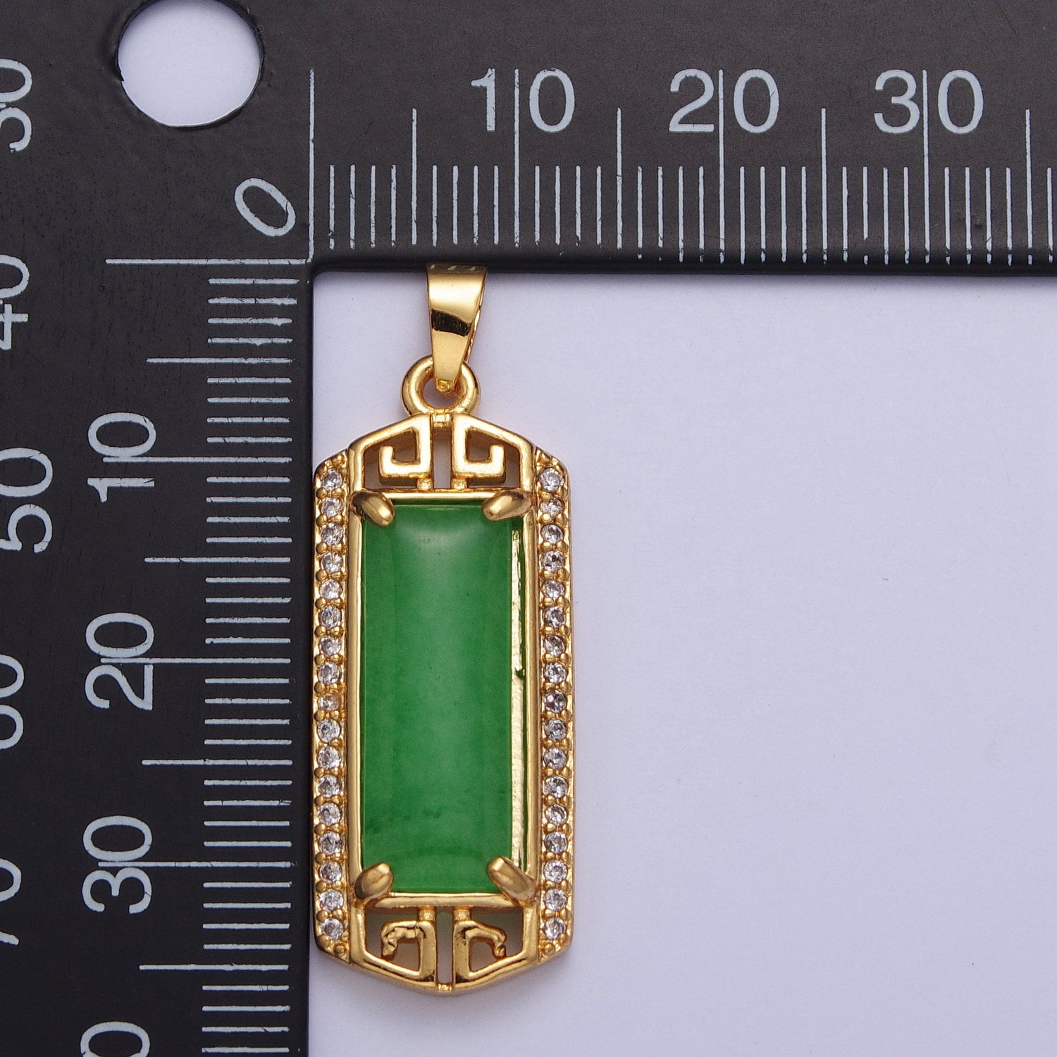 24k Gold Filled Clear Micro Paved CZ Green Jade Bar Pendant in Gold & Silver Long Tablet Pendant for Dangle Necklace | AA097 AA098