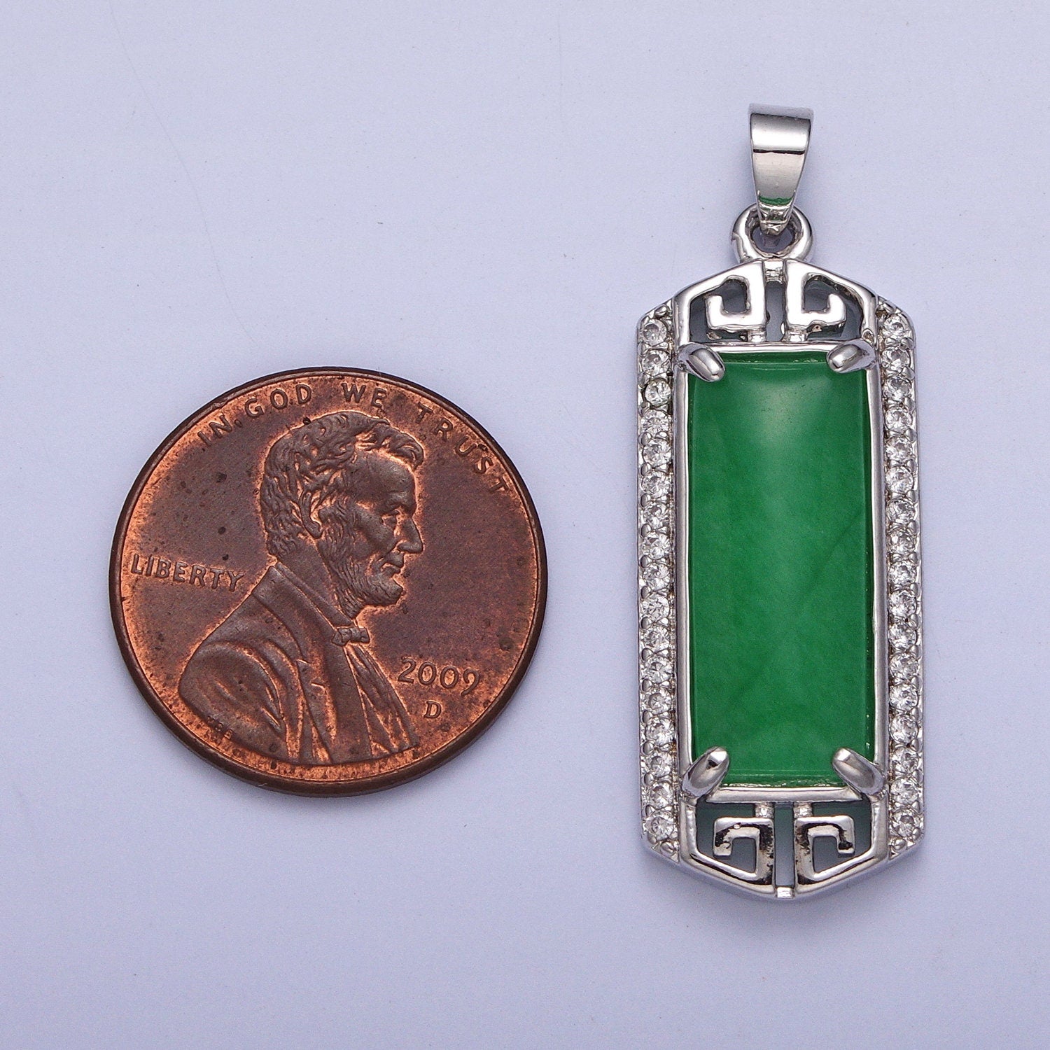 24k Gold Filled Clear Micro Paved CZ Green Jade Bar Pendant in Gold & Silver Long Tablet Pendant for Dangle Necklace | AA097 AA098