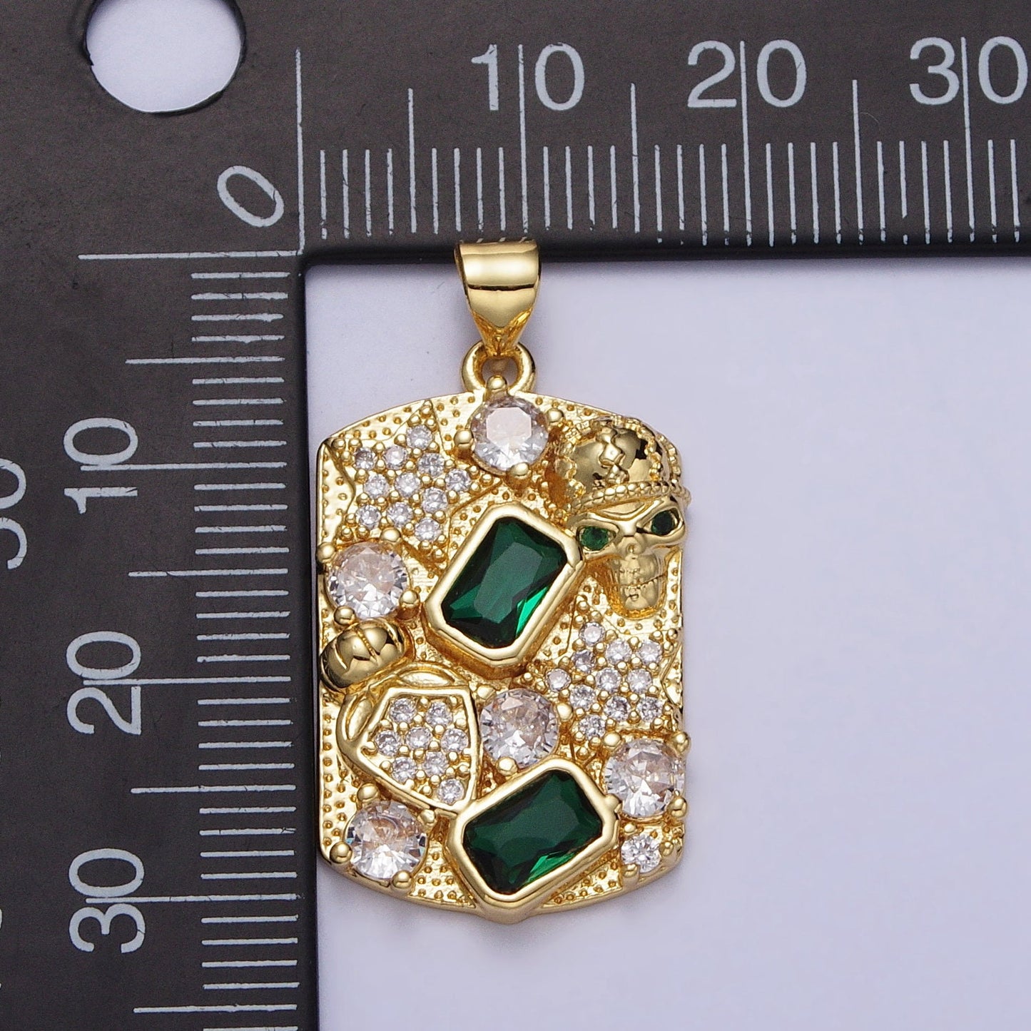 Gold Military Tag Pendant Micro Pave Emerald Green Charm with Skull for Necklace Charm Supply AA020