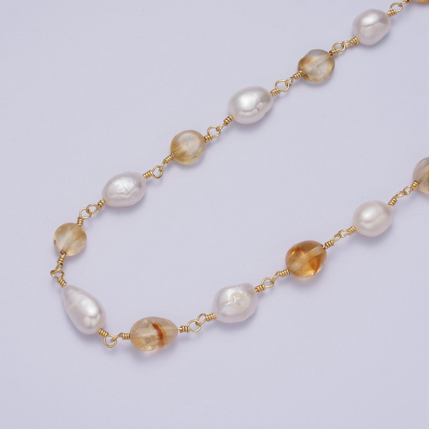 Chunky Gold Pearl Gemstone Rose Quartz, Amethyst, Citrine, Moonstone Wire Wrapped Rosary Chain for Jewelry Making Supply ROLL-1013