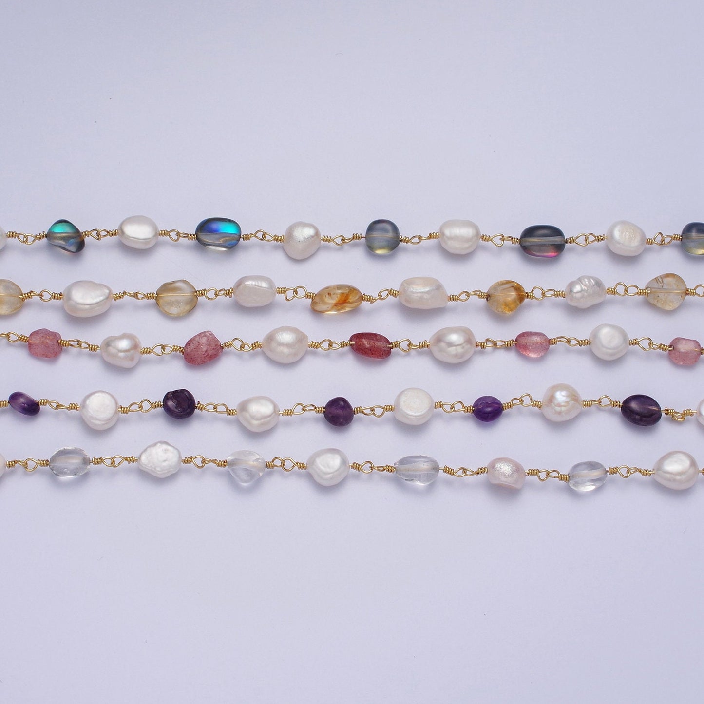 Chunky Gold Pearl Gemstone Rose Quartz, Amethyst, Citrine, Moonstone Wire Wrapped Rosary Chain for Jewelry Making Supply ROLL-1013