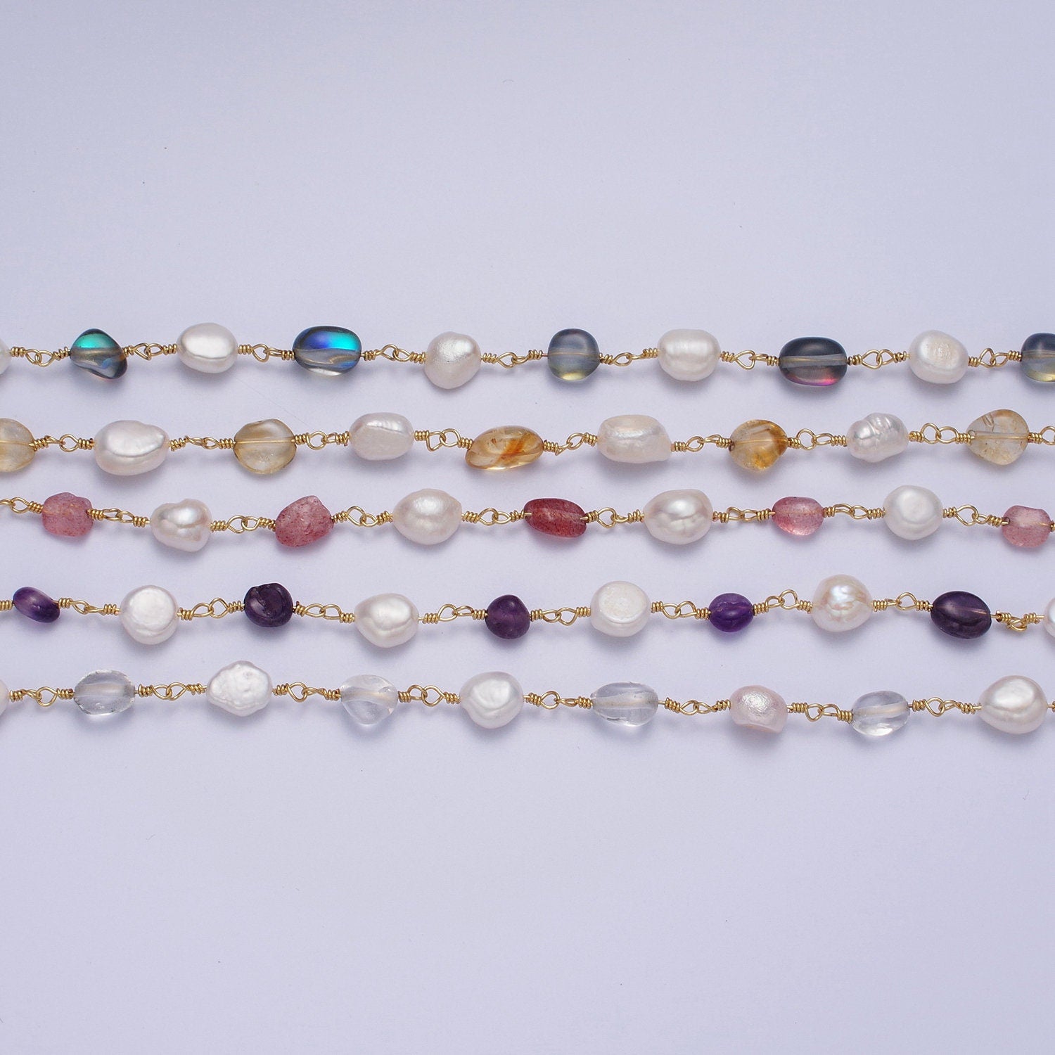 Chunky Gold Pearl Gemstone Rose Quartz, Amethyst, Citrine, Moonstone Wire Wrapped Rosary Chain for Jewelry Making Supply ROLL-1013